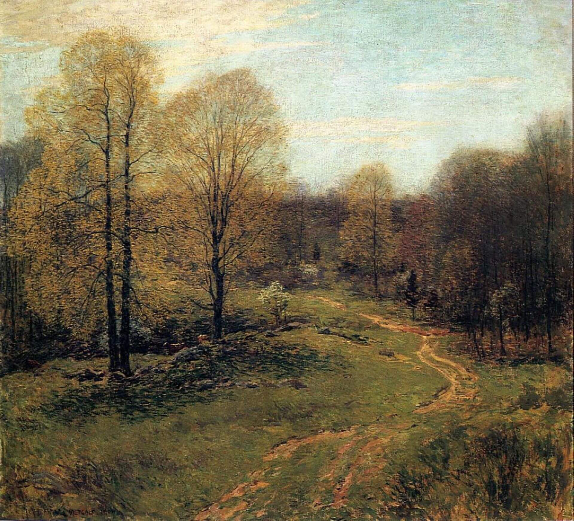 梅特卡夫（Willard LeRoy Metcalf）《序曲》（Prelude），1909，油彩畫布，91.3×99.1公分，伍斯特美術館藏。（Wikiart）