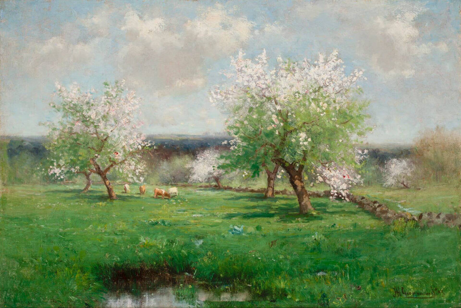 格林伍德（Joseph H. Greenwood）《蘋果園》（Apple Orchard），1903，油彩畫布，50.8×76.2公分，伍斯特美術館藏。（Worcester Art Museum典藏資料庫）