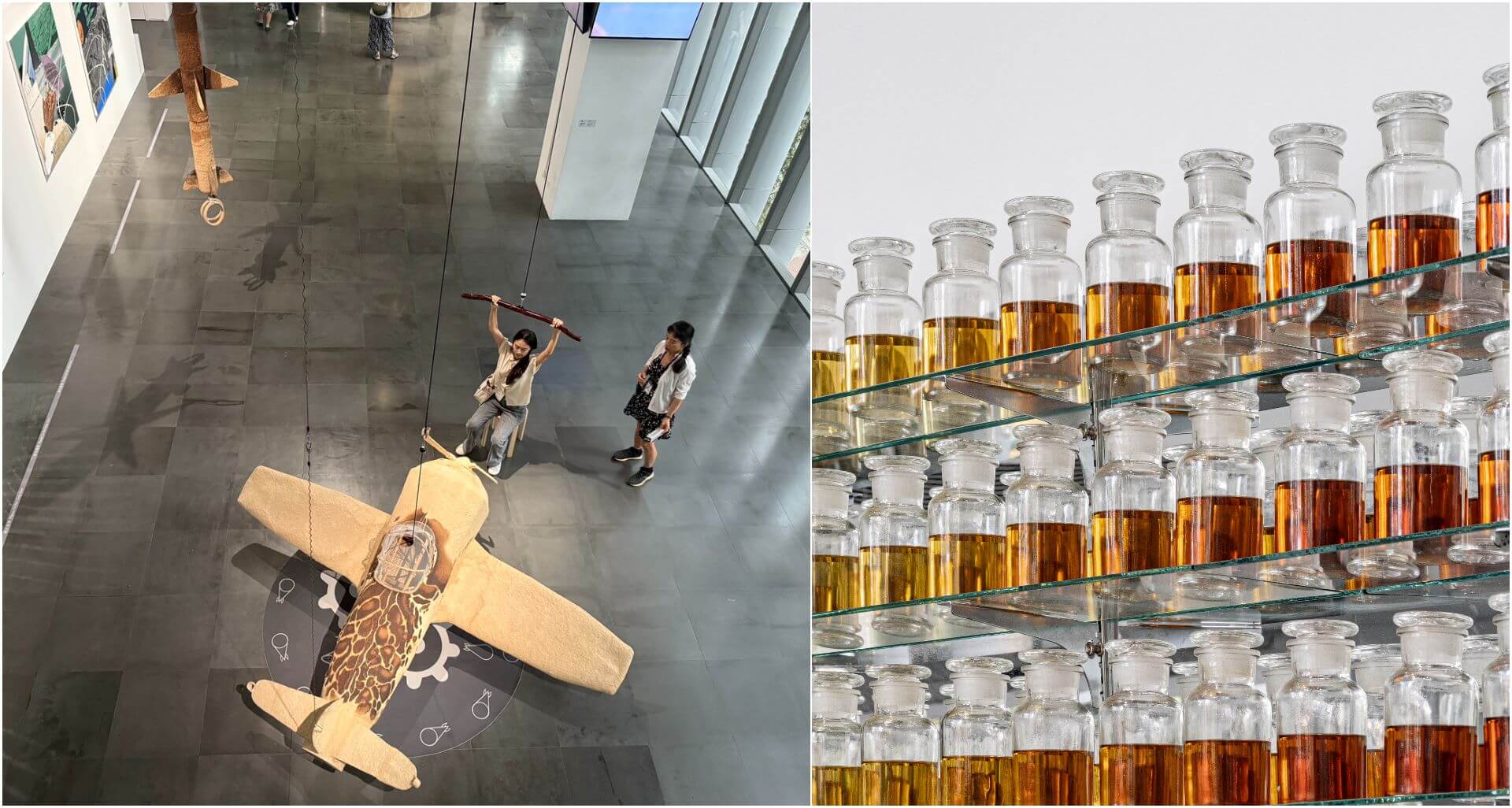 羅懿君，《蔗渣飛彈》、《滑輪下拉機——紫電號》（攝影／朱佑霖）；右：《糖蜜酒精櫥》局部（北師美術館提供，攝影／dulub studio）