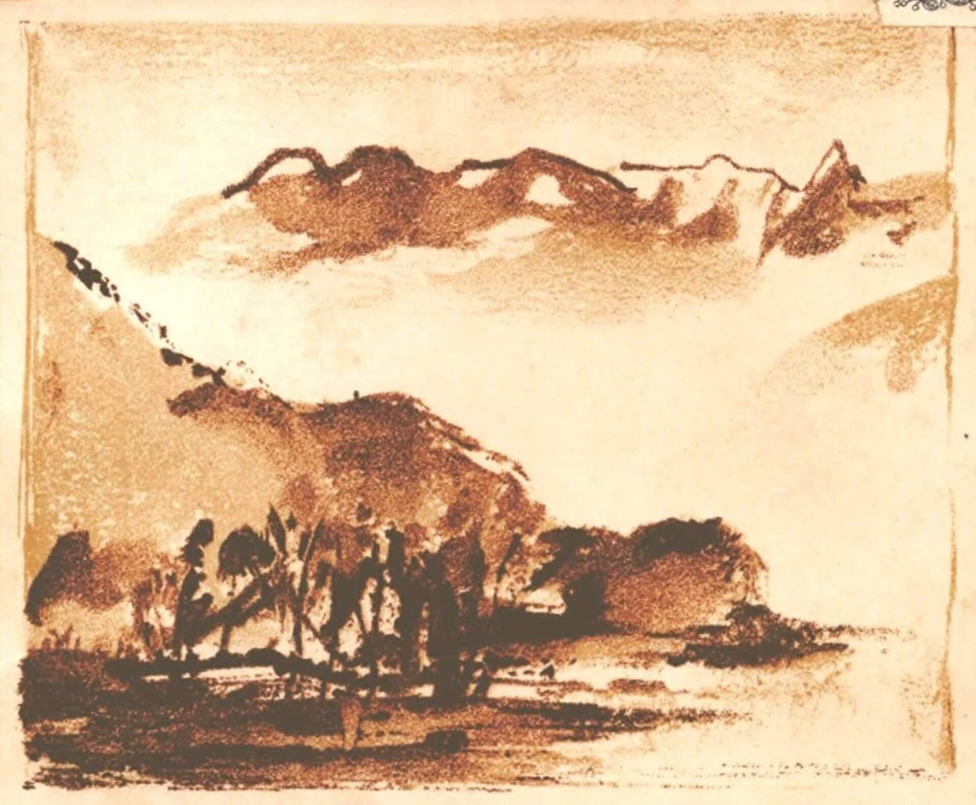 《臺灣山岳》第四期封面，由成員之一的石川欽一郎繪製《次高山》插圖。（《臺灣山岳》，1929）