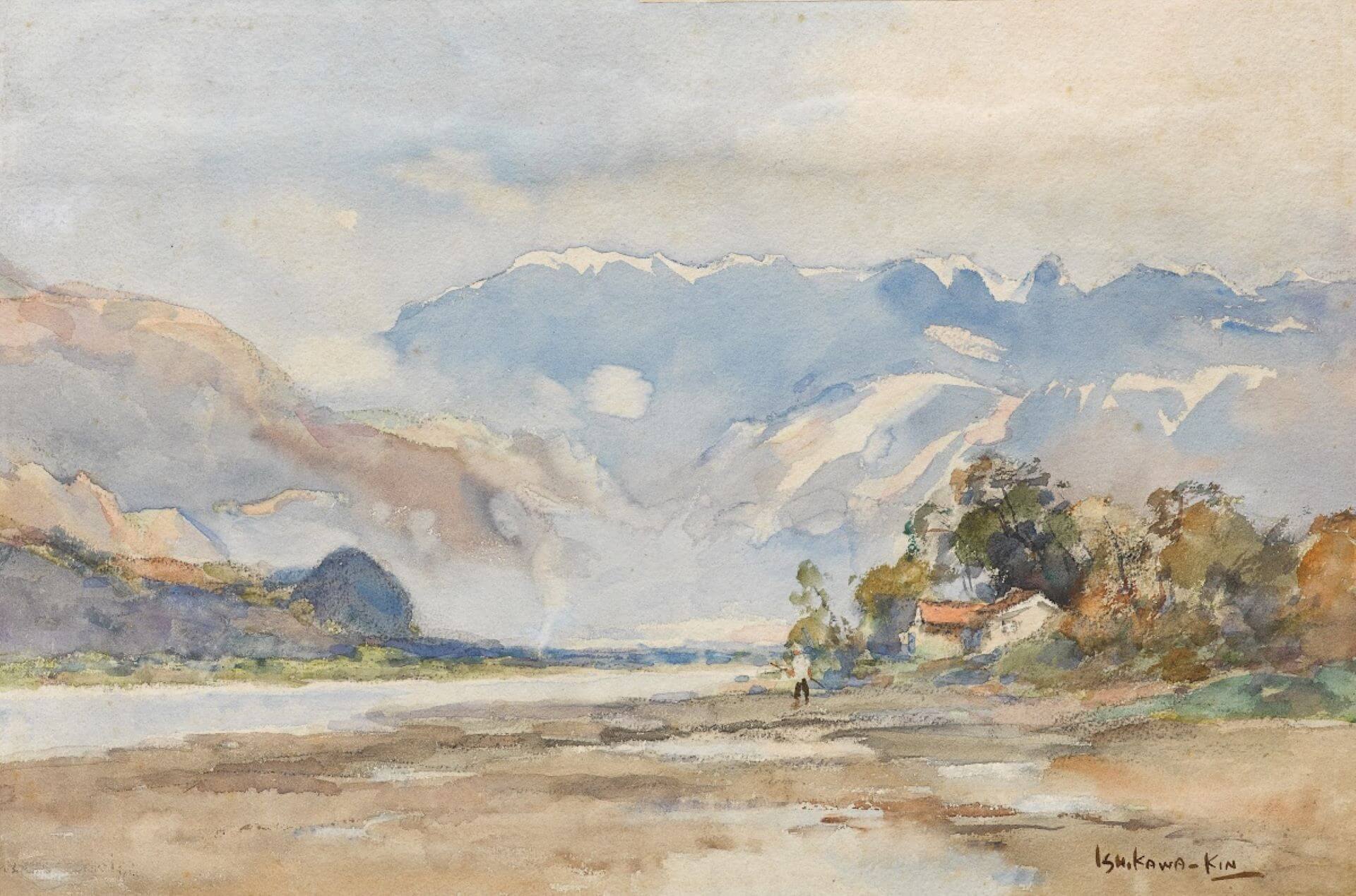 第三幅｜石川欽一郎，《臺灣次高山》，筆者推測1928年左右，紙本水彩，32.7×49.1公分，國立臺灣美術館典藏。（《日治時期臺灣美術的「地域色彩」》，2005）