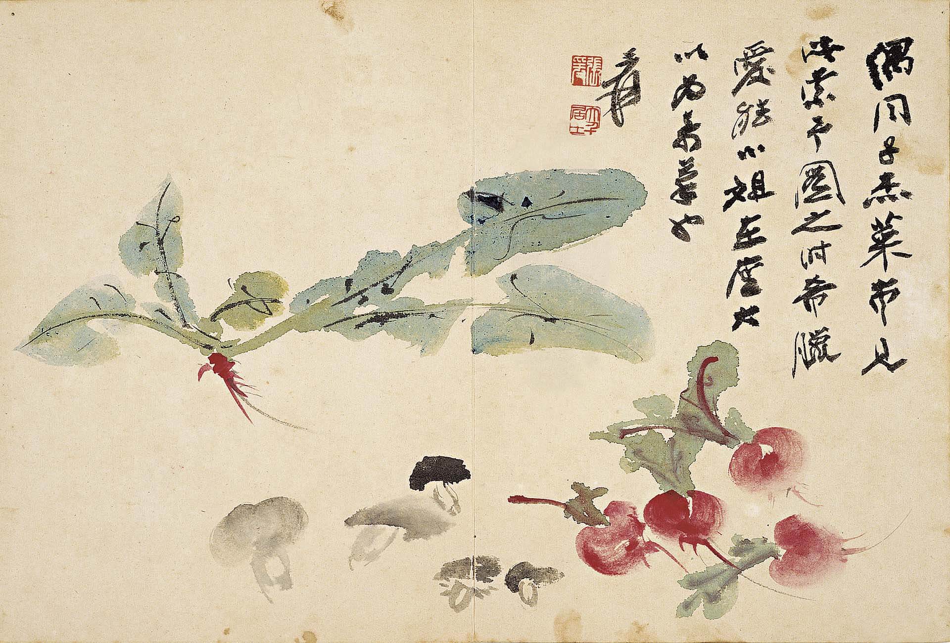 圖14 張大千《大千狂塗》（一）第九開〈蔬果〉，紙本水墨，24×35.7公分，國立歷史博物館藏。