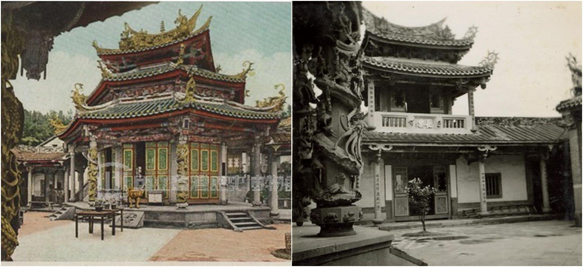 劍潭寺內風景。左：臺北劍潭寺八角殿，大正天鴿牌出版明信片。（圖片源自：國立臺灣歷史博物館典藏網）右：臺北劍潭寺廂房與鼓樓，簷下懸有一「慈雲遠蔭」匾額，1926-1945。（圖片源自：國立臺灣歷史博物館典藏網）