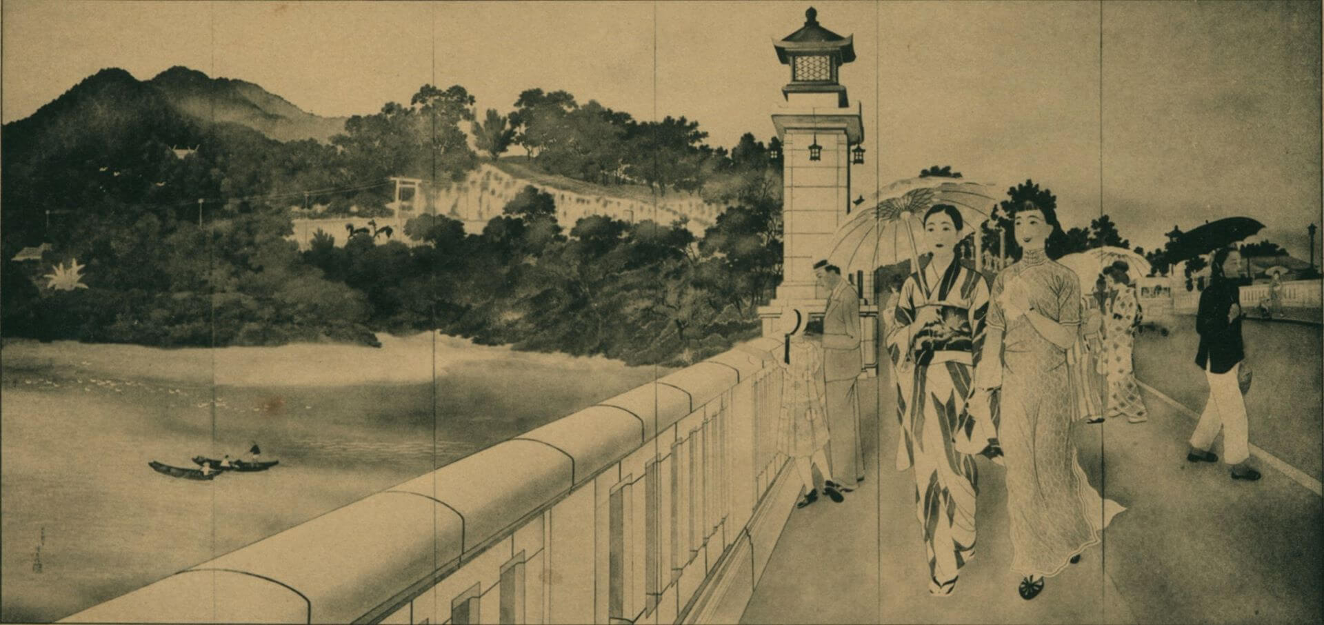 野村誠月，《新晴》（原作彩色），1935，入選第9回臺展東洋畫部，描繪橫跨基隆河的明治橋（今臺北中山橋）後方為劍潭山通往臺灣神社的參道與鳥居。（圖片源自：名單之後：臺府展史料資料庫）