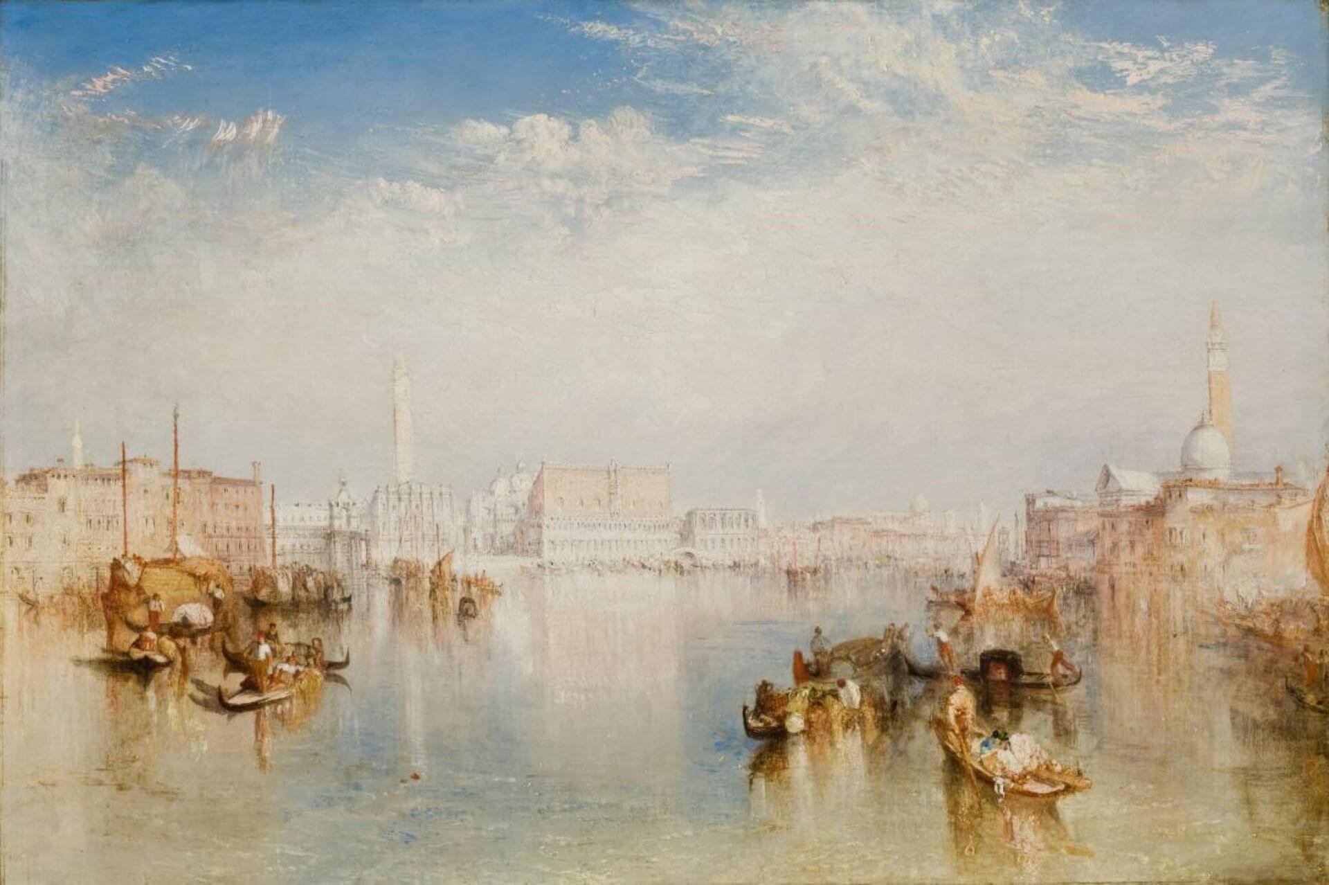 約瑟夫．馬洛德．威廉．透納（Joseph Mallord William Turner），《威尼斯景觀：總督宮、海關大樓與部分聖喬治教堂的景緻》（View of Venice: The Ducal Palace, Dogana and Pa…