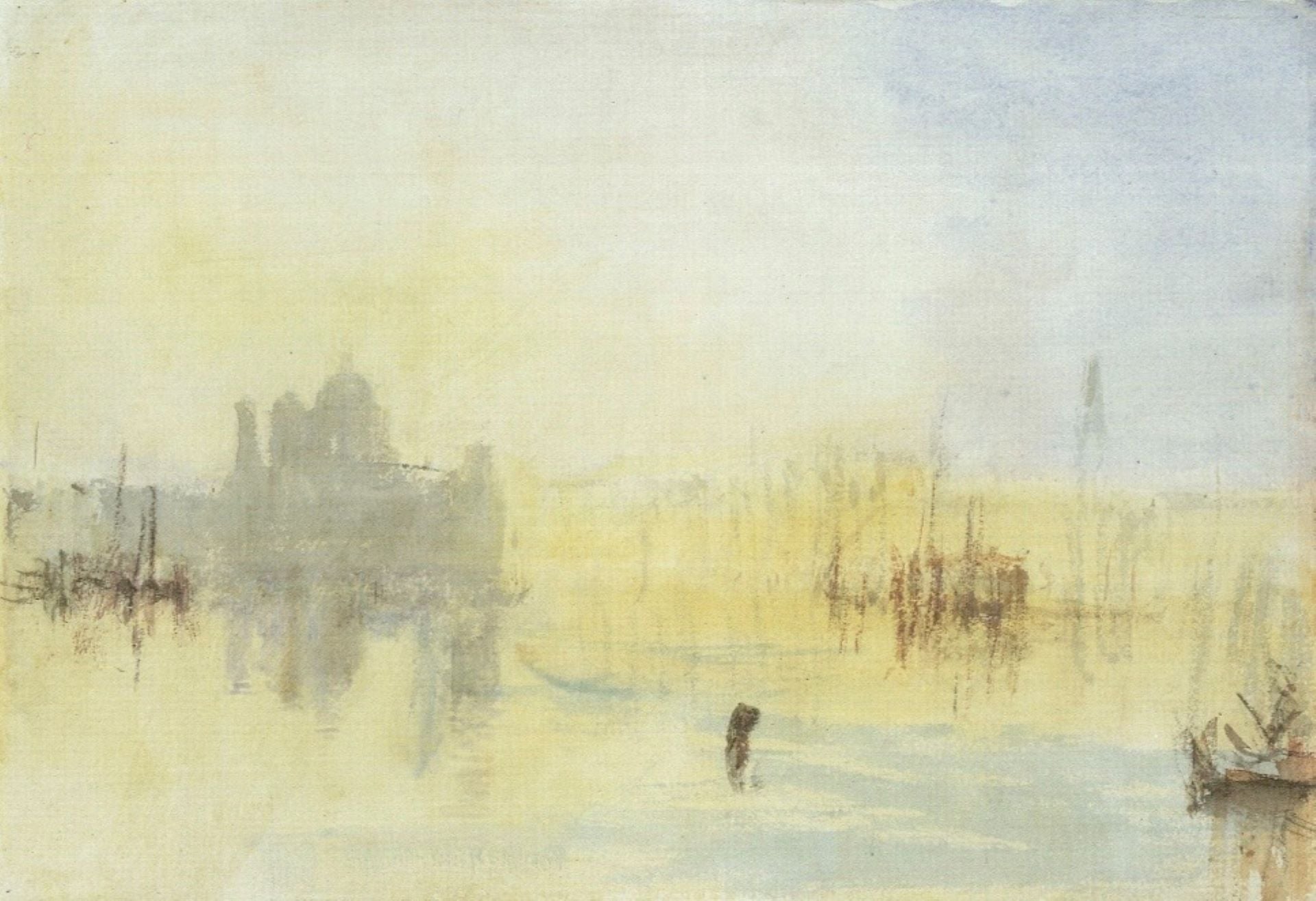 約瑟夫・馬洛德・威廉・透納（Joseph Mallord William Turner），《夕照下的威尼斯聖母安康聖殿與多加納，越過聖馬可灣》（Santa Maria della Salute and the Dogana, Venice,…
