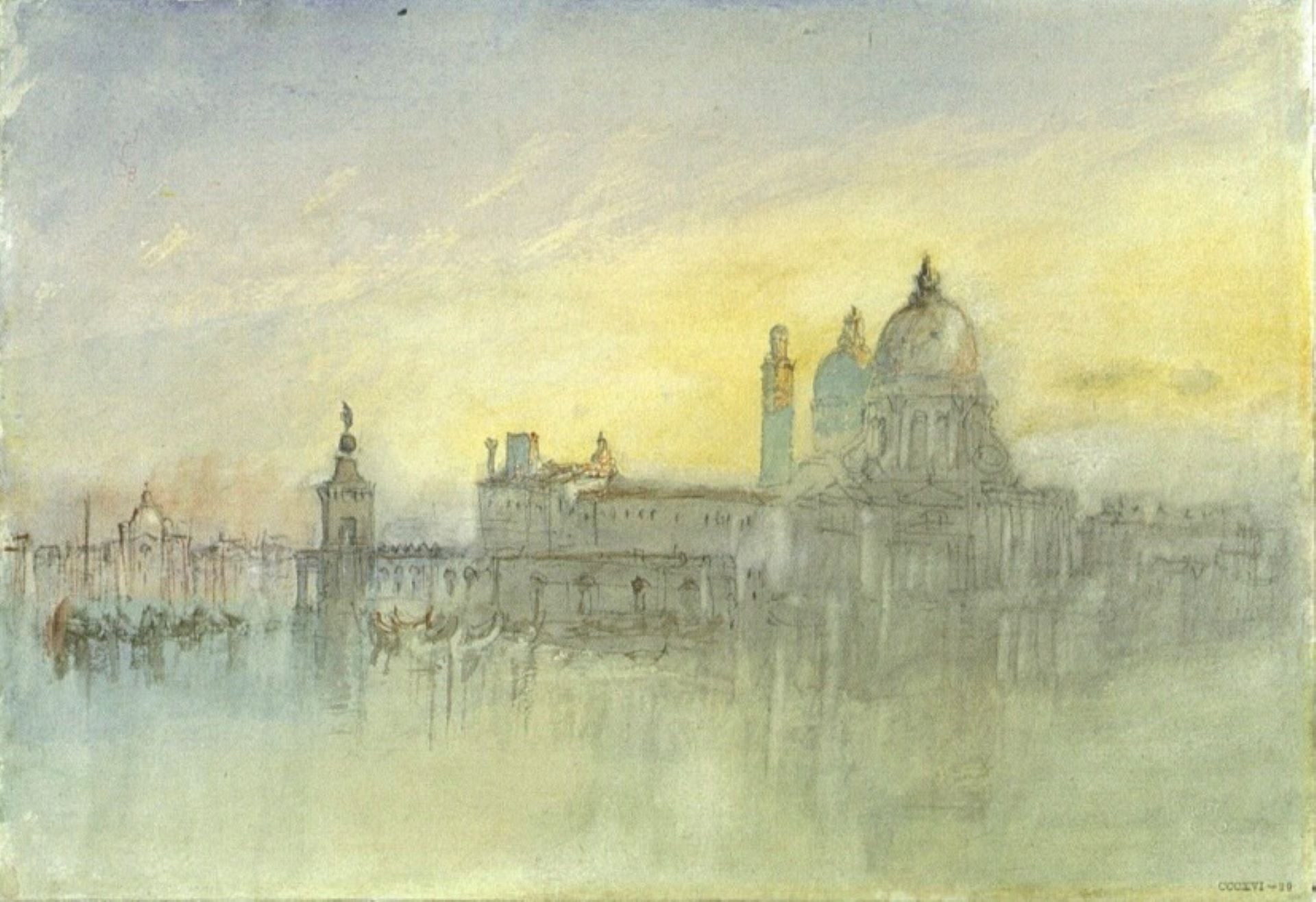 約瑟夫・馬洛德・威廉・透納（Joseph Mallord William Turner），《黃昏時的多加納與聖母安康聖殿，從歐羅巴酒店望去》（The Punta della Dogana and Santa Maria della Salu…