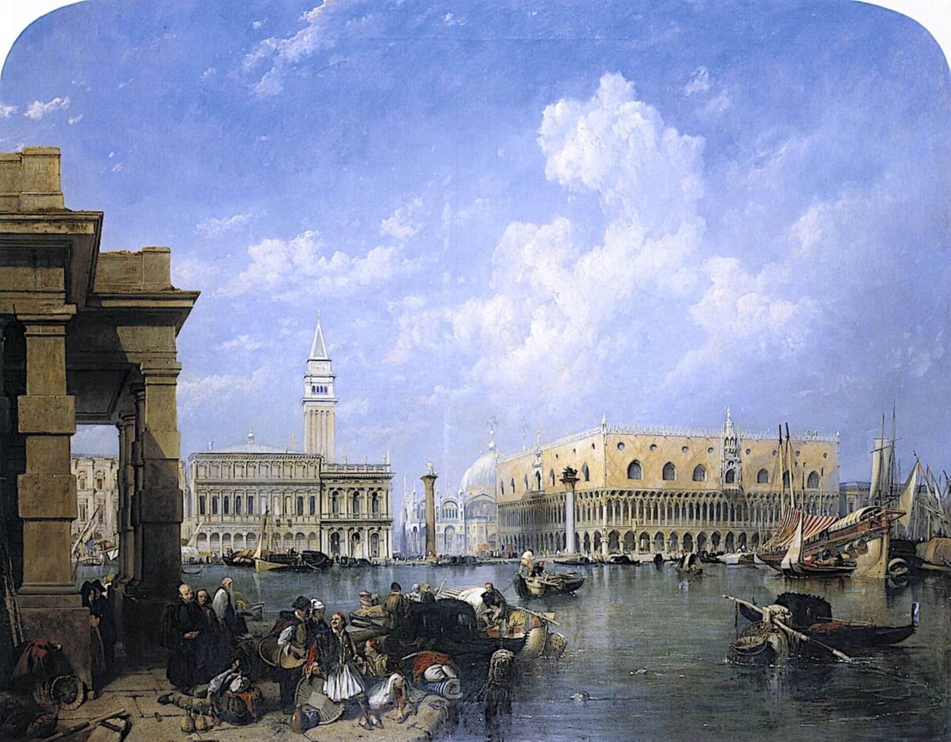 克拉克森．斯坦菲爾德 (Clarkson Stanfield)，《從海關大樓看威尼斯》(Venice from the Dogana)，1833，年，油彩畫布，130 × 166.5公分，博伍德別墅，威爾特郡。（維基百科）