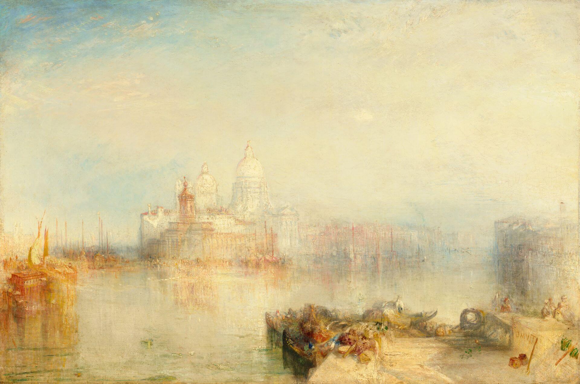 約瑟夫．馬洛德．威廉．透納（Joseph Mallord William Turner），《威尼斯：多加納與聖母安康聖殿》（The Dogana and Santa Maria della Salute, Venice），1843年，油彩畫…