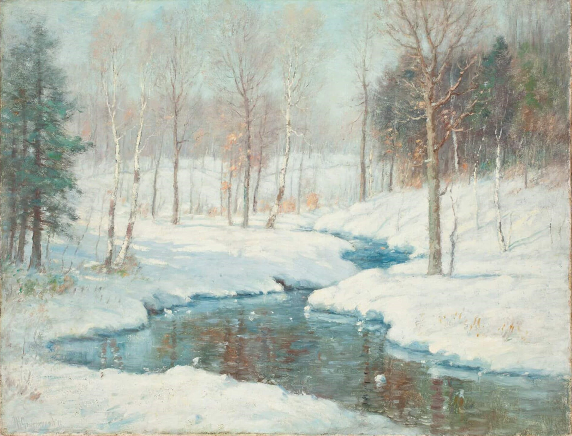 格林伍德（Joseph H. Greenwood）《融雪》（Melting Snow），1918，油彩畫布，76.2×106.7公分，伍斯特美術館藏。（伍斯特美術館典藏資料庫）