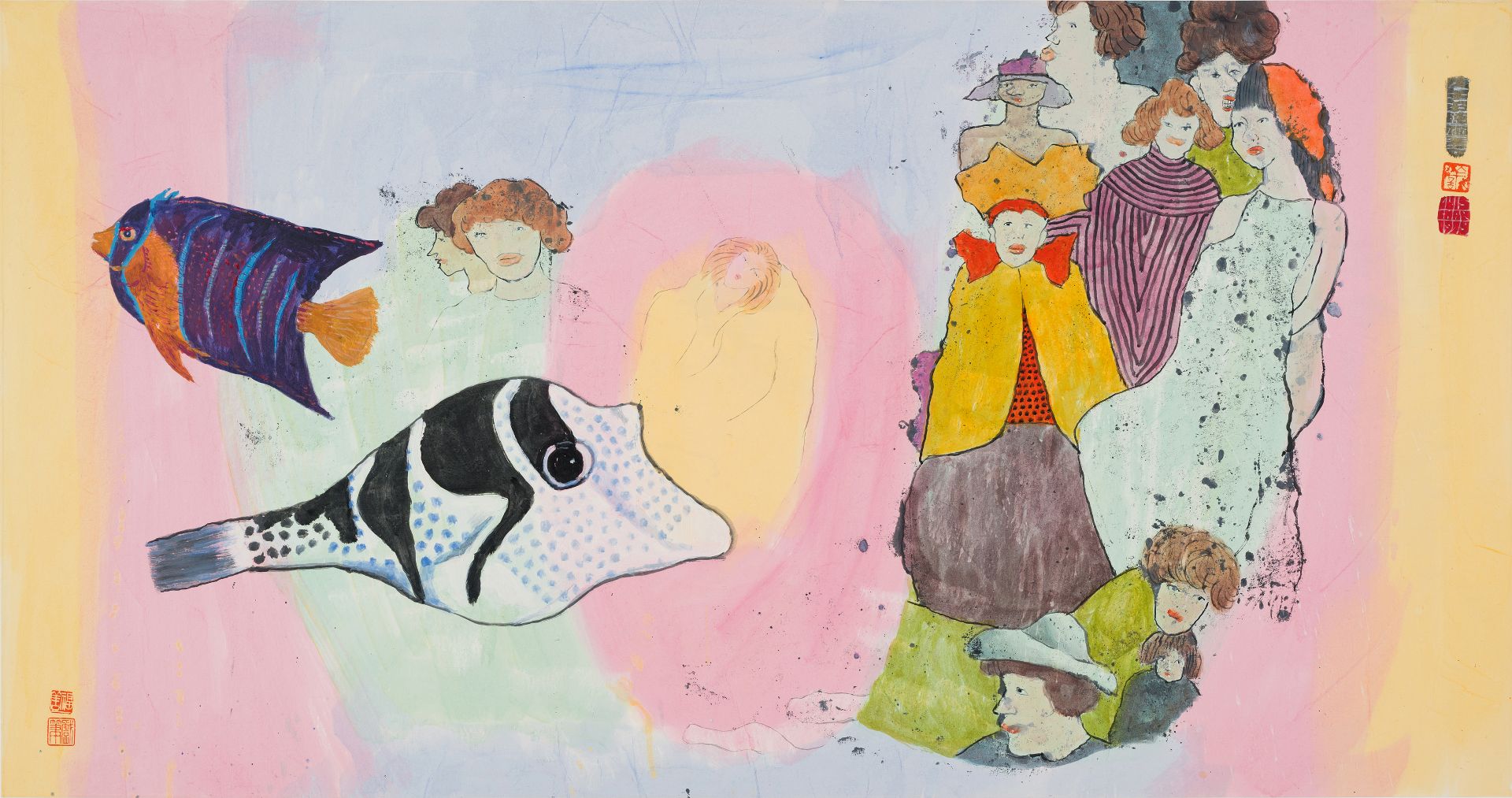 陳福善，《無題（觀魚的人群）》，水墨 設色 紙本，70.5 × 134 cm，1979。（漢雅軒提供）