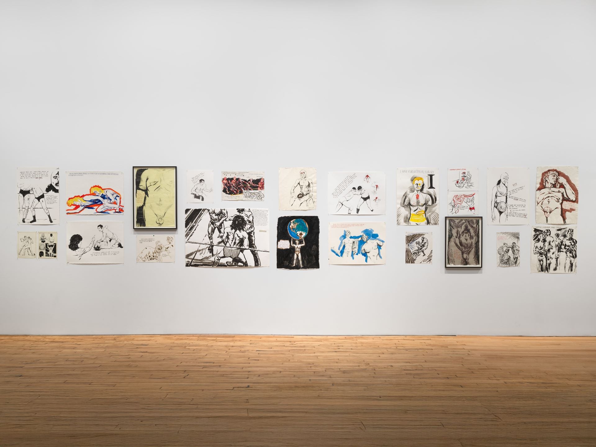 Raymond Pettibon作品以摔角為主題。Installation view, 52W HARDWAY: D. Allin, R. Pettibon, C. Ramone, 52 Walker, New York, Septembe…