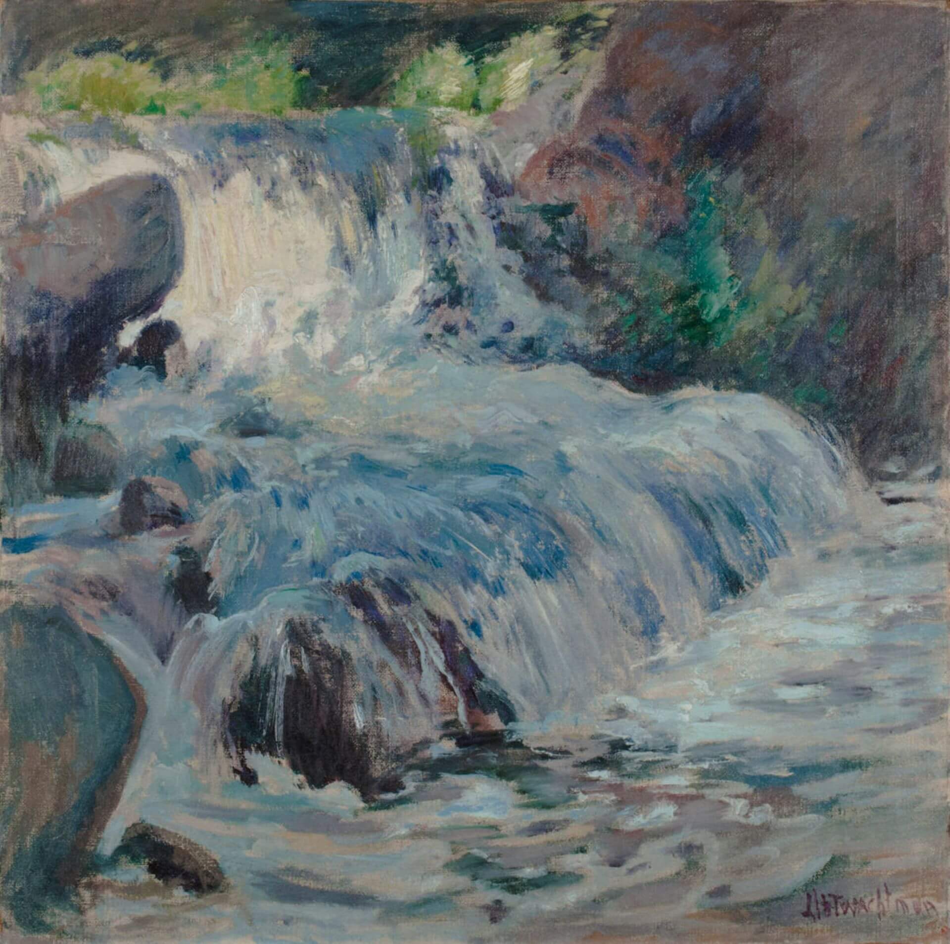 特瓦克特曼（John Henry Twachtman）《瀑布》（The Waterfall），約1890，油彩畫布，76.2 × 76.5公分，伍斯特美術館藏。（伍斯特美術館典藏資料庫）