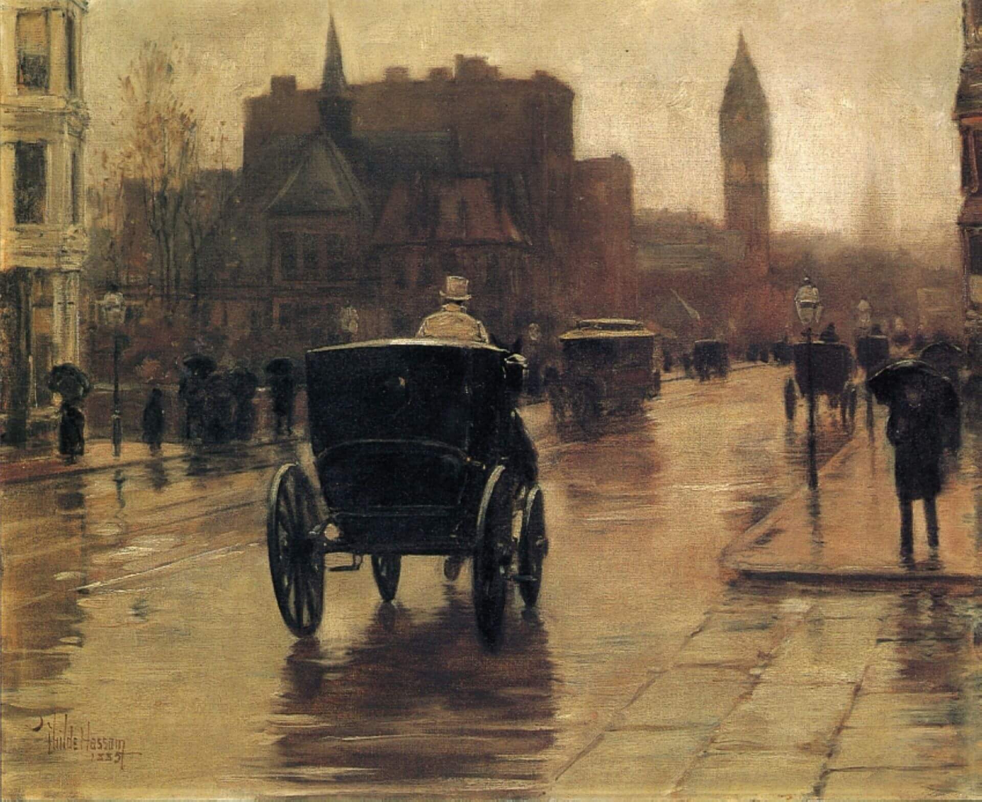 哈薩姆（Childe Hassam）《哥倫布大道，雨天》（Columbus Avenue, Rainy Day），1885，油彩畫布，43.5×53.7公分，伍斯特美術館藏。（Wikimedia Commons）