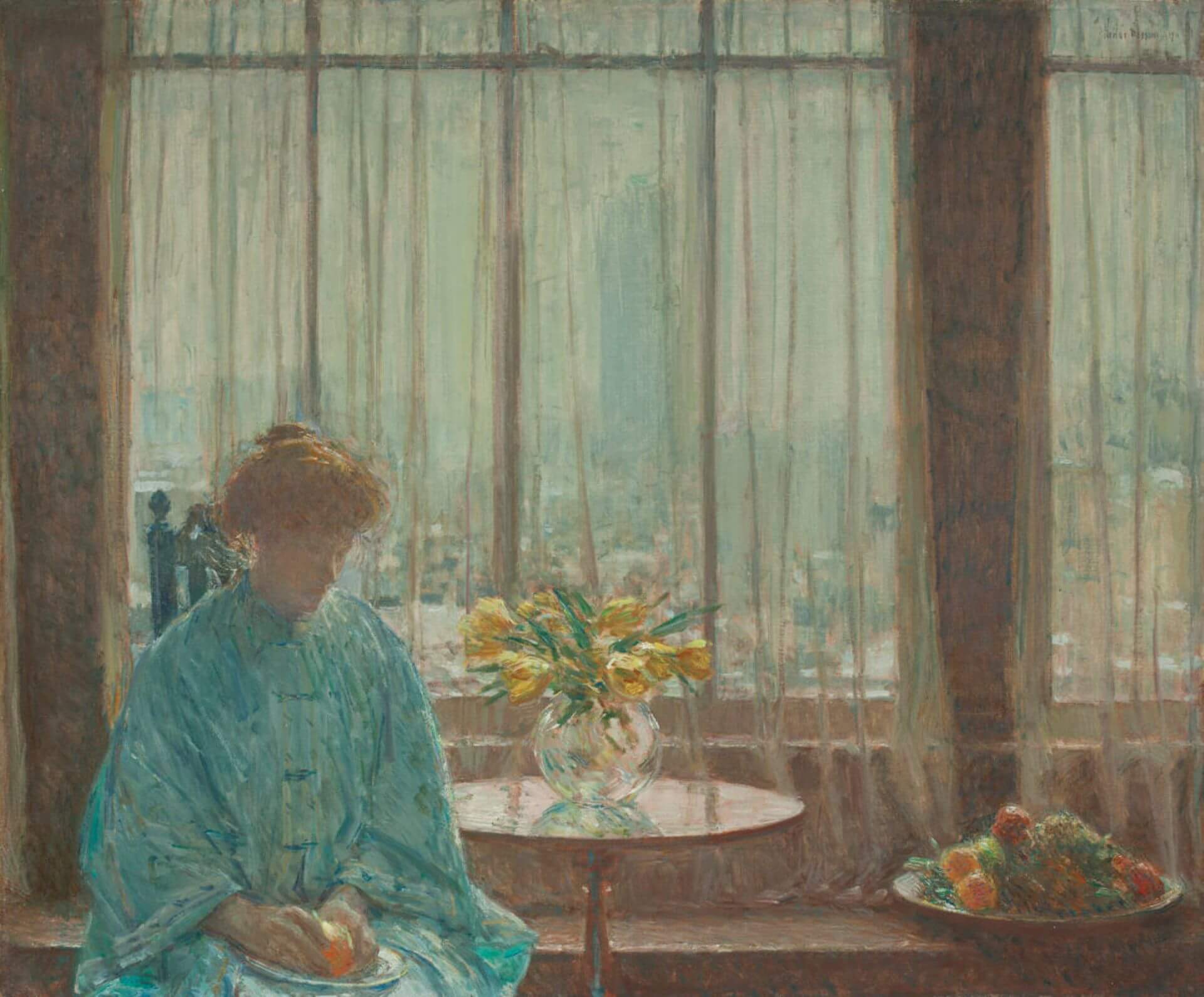 哈薩姆（Childe Hassam）《早餐室，冬日清晨，紐約》（The Breakfast Room, Winter Morning, New York），1911，油彩畫布，63.8 × 76.5公分，伍斯特美術館藏。（伍斯特美術館典藏資…