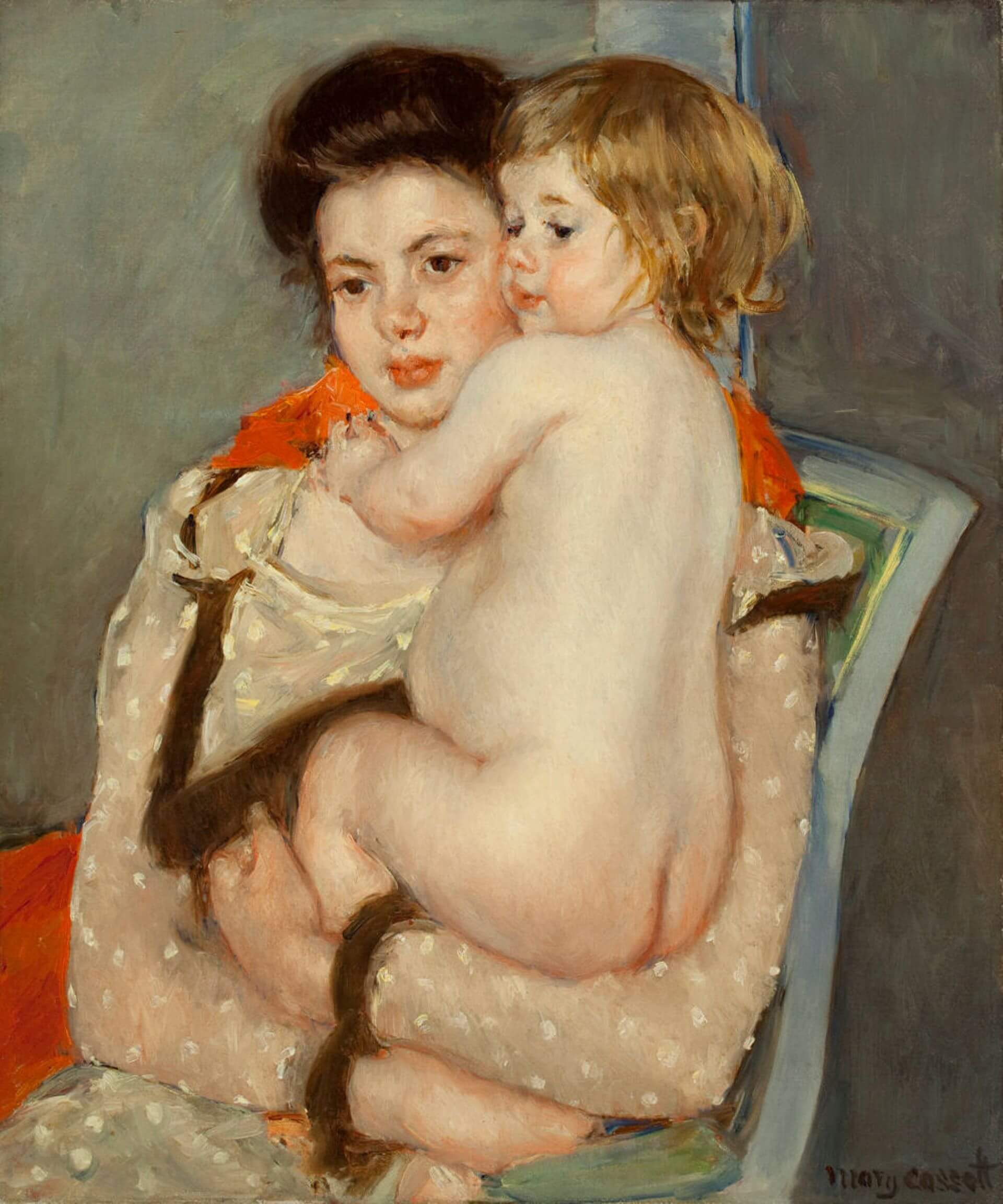 卡薩特（Mary Cassatt）《雷娜．勒費弗抱著裸嬰（母與子）》（Reine LeFebvre Holding a Nude Baby），1902-1903，油彩畫布，68.1×57.3公分，伍斯特美術館藏。（伍斯特美術館典藏資料庫）
