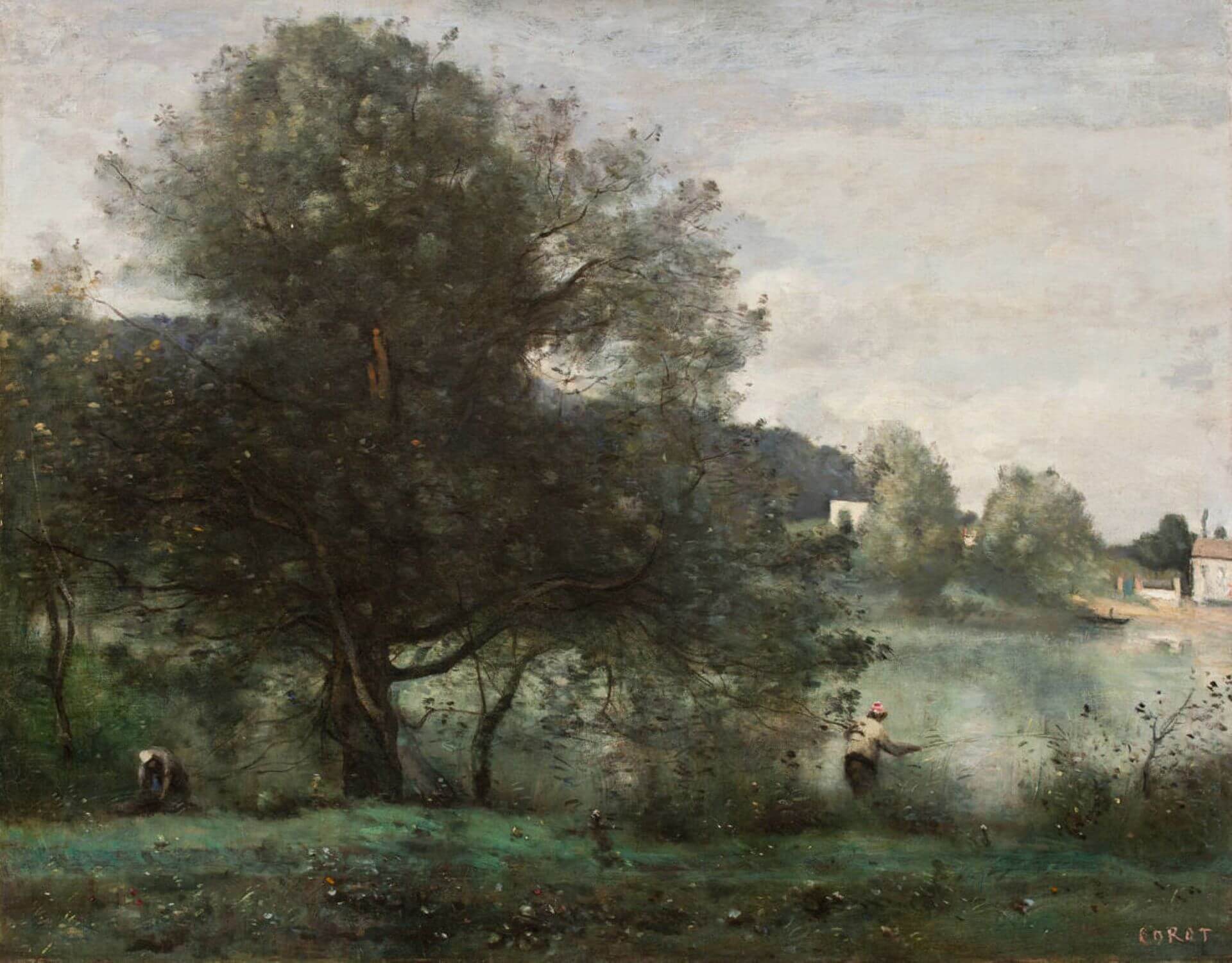 柯洛（Camille Corot）《阿夫賴城的理想地點—池塘邊的漁夫》（An Idyllic Spot at Ville-d’Avray—A Fisherman on the Banks of the Pond），1865-18…