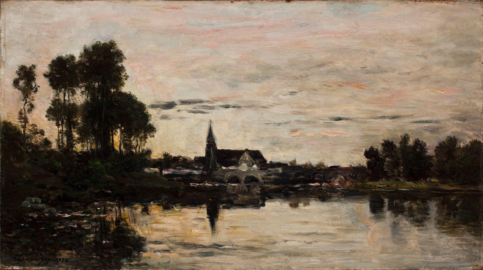 杜比尼（Charles François Daubigny）《約納河上的橋樑（黃昏）》（Bridge on the Yonne (Evening)），1875，油彩畫布，30.3×53.9公分，伍斯特美術館藏。（伍斯特美術館典藏資料庫）