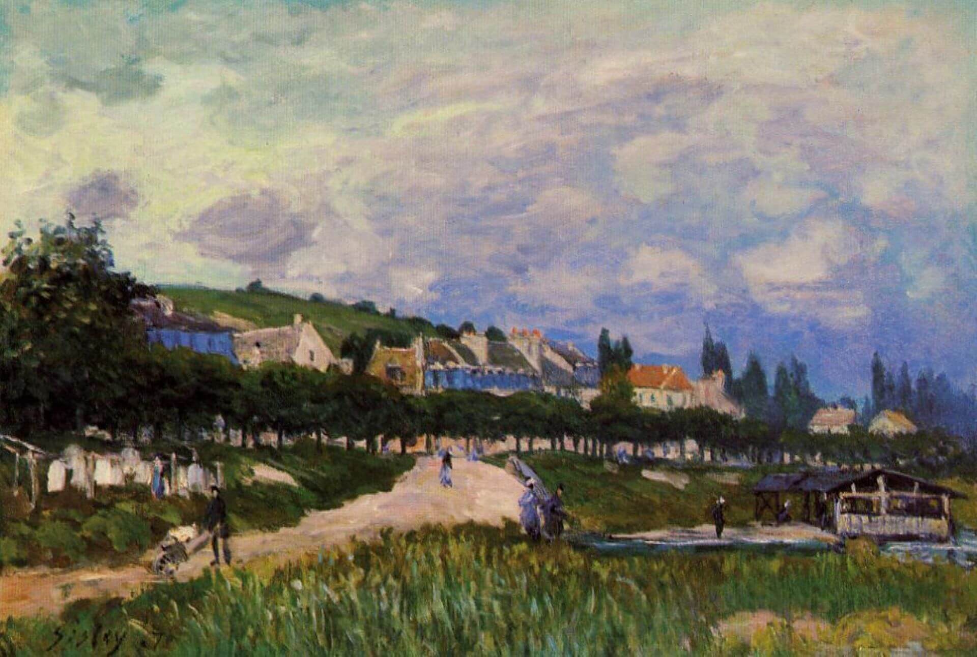 西斯萊（Alfred Sisley）《洗衣屋》（The Washhouse），1876，油彩畫布，38.4×55.2公分，伍斯特美術館藏。（Wikiart）