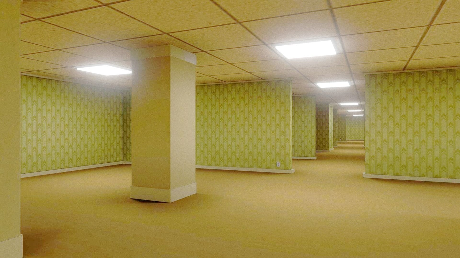 一位匿名用戶將此命名為「後室」（The Backrooms），並以此展開網路怪談敘事，引發龐大的集體創作潮。圖為Huuxloc所製3D模型截圖。（來源：Sketchfab）