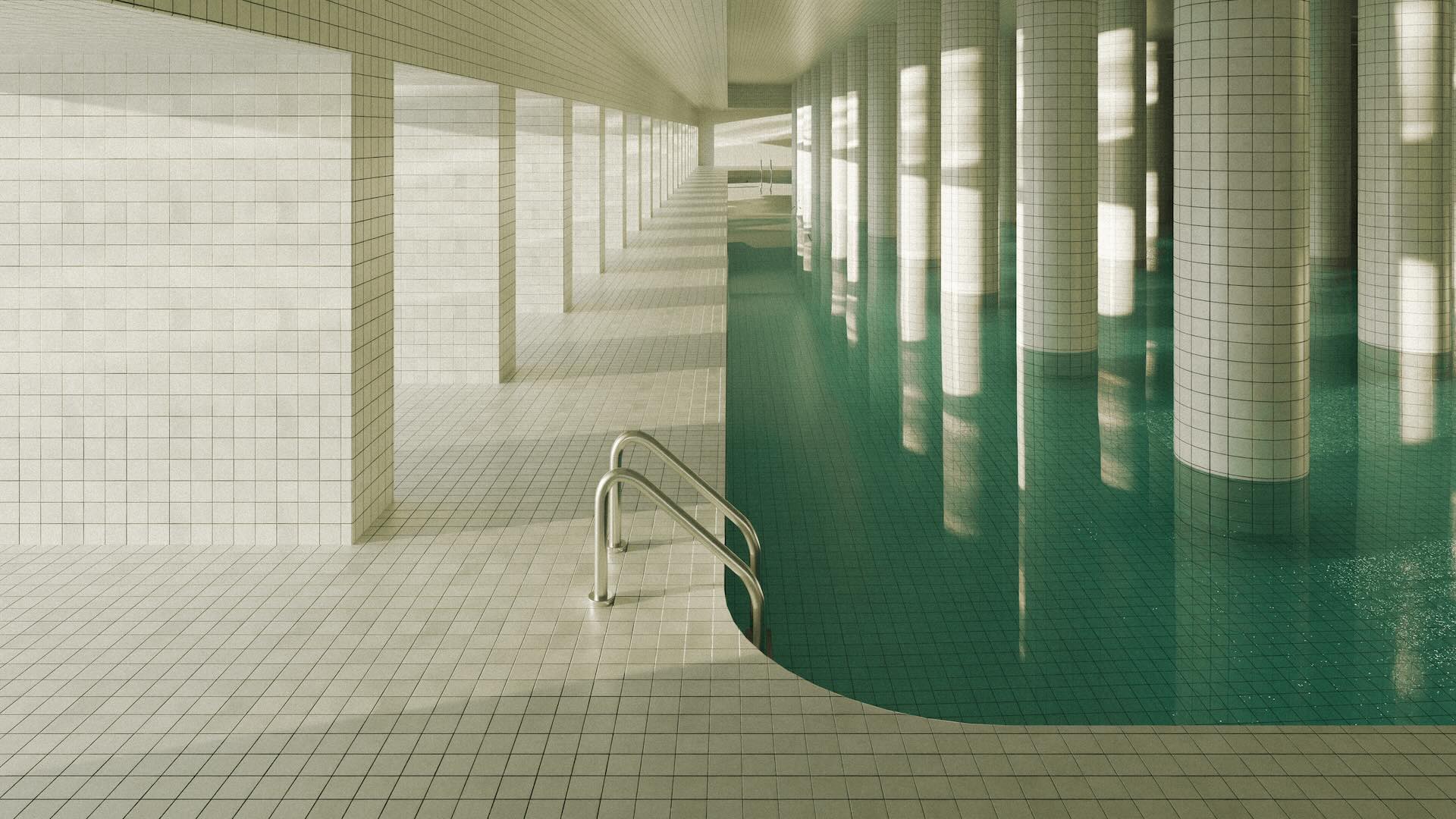 池核是一種圍繞泳池場景發展的視覺美學，以無人泳池構築出寧靜而詭異的閾限空間。圖為Jared Pike「Dream Pools」系列作品《Dream Pool 44》。（Jared Pike提供）