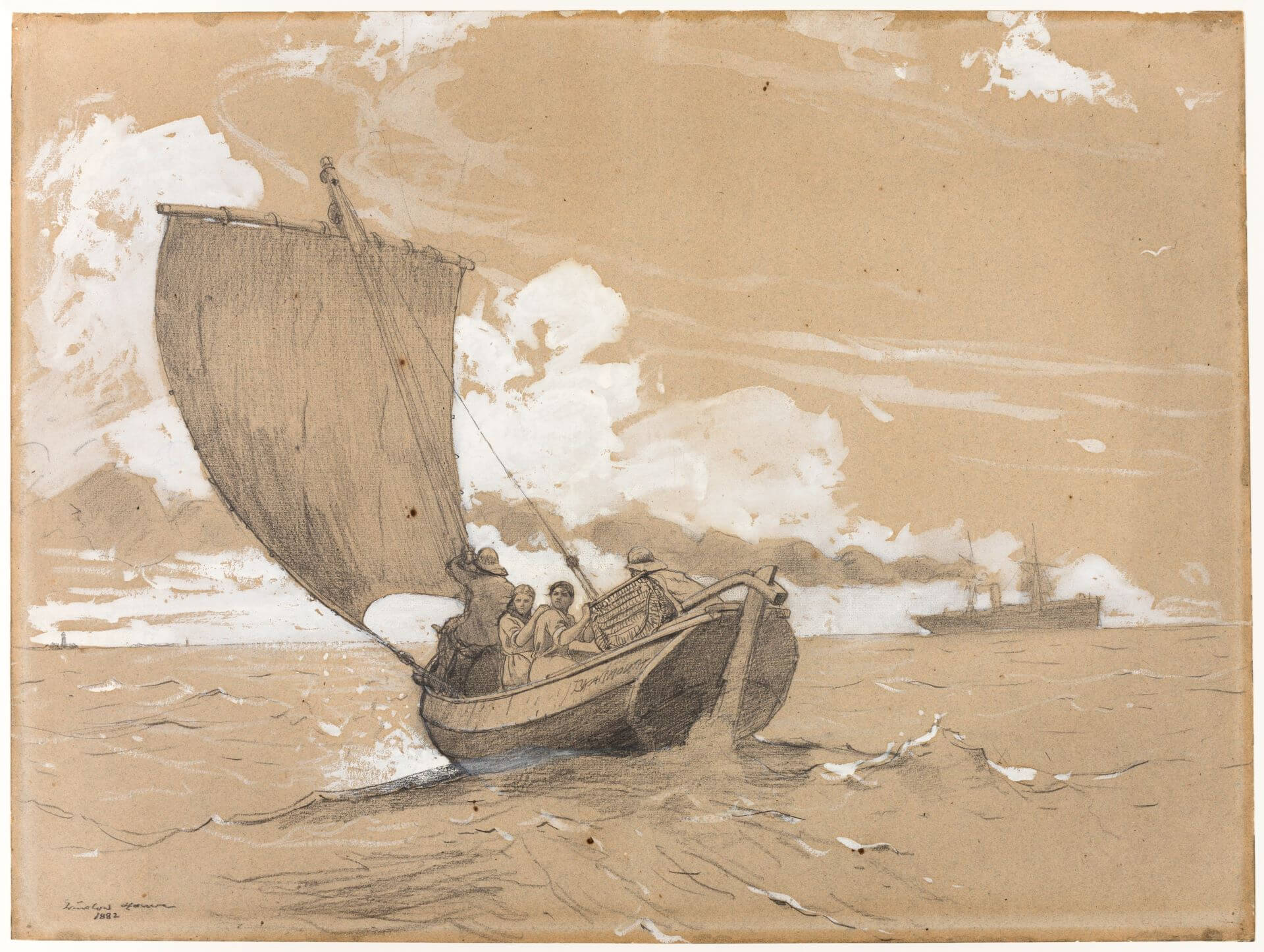 圖8 溫斯洛．荷馬《斯卡伯勒垂釣》（Fishing off Scarborough），1882，石墨水彩粉筆棕褐色紙，46.2×61.8公分，芝加哥藝術博物館（Art Institute of Chicago）藏。（圖片源自：芝加哥藝術博物…