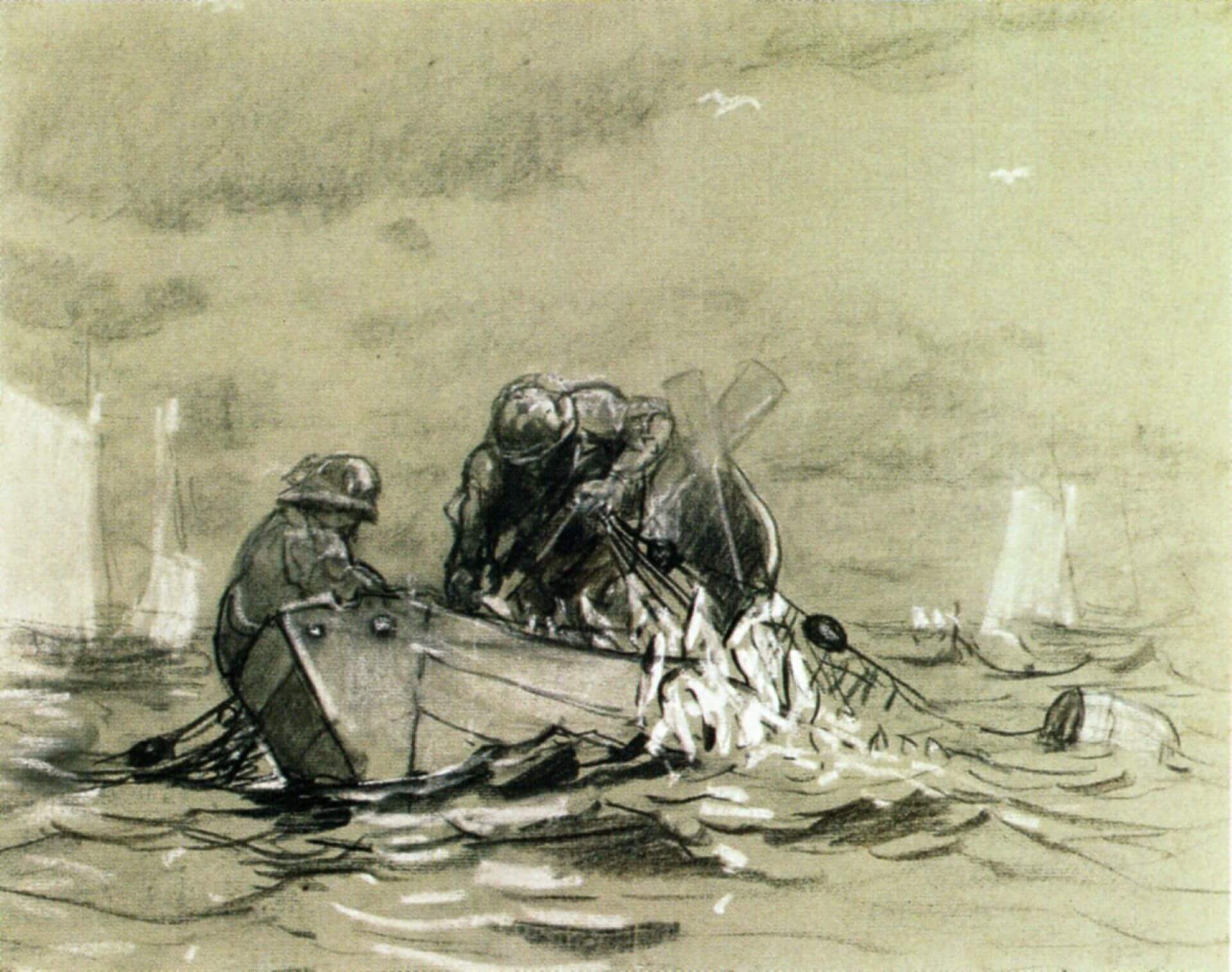 圖12 溫斯洛．荷馬《鯡魚網習作》（Study for The Herring Net），1884–1885，石墨水彩綠色紙，42.3×52.3公分，芝加哥藝術博物館（Art Institute of Chicago）藏。（圖片源自：芝加哥…