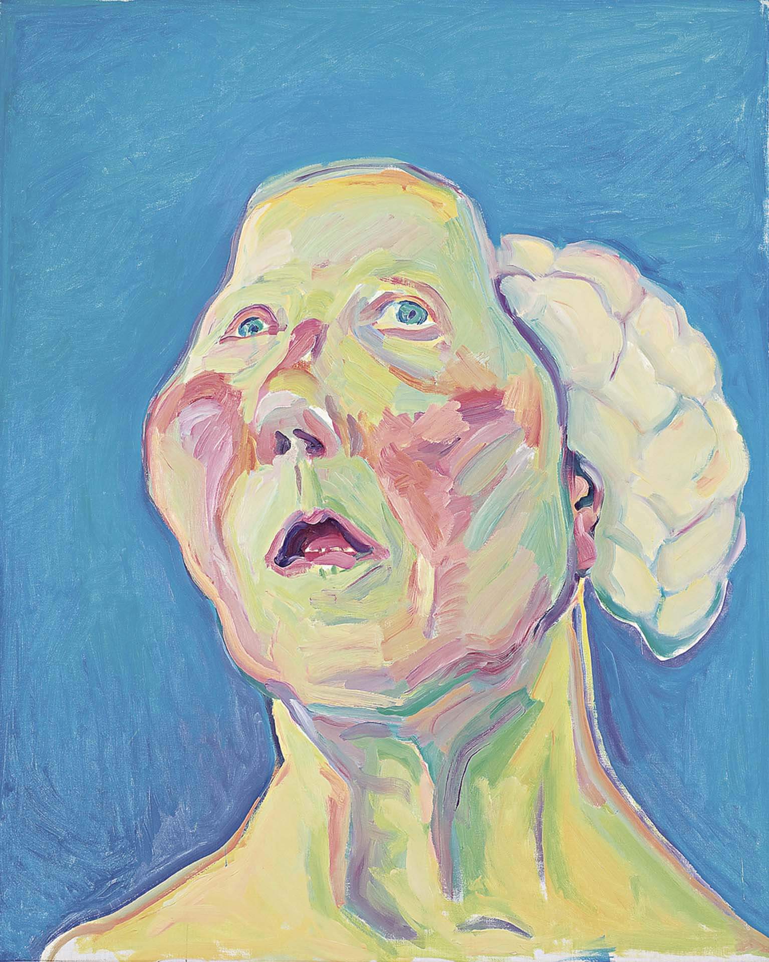 瑪麗亞．拉斯尼格，《有頭腦的女士》（Lady with Brain），布面油彩，125×100cm，約1990–1999。（©瑪麗亞．拉斯尼格基金會）