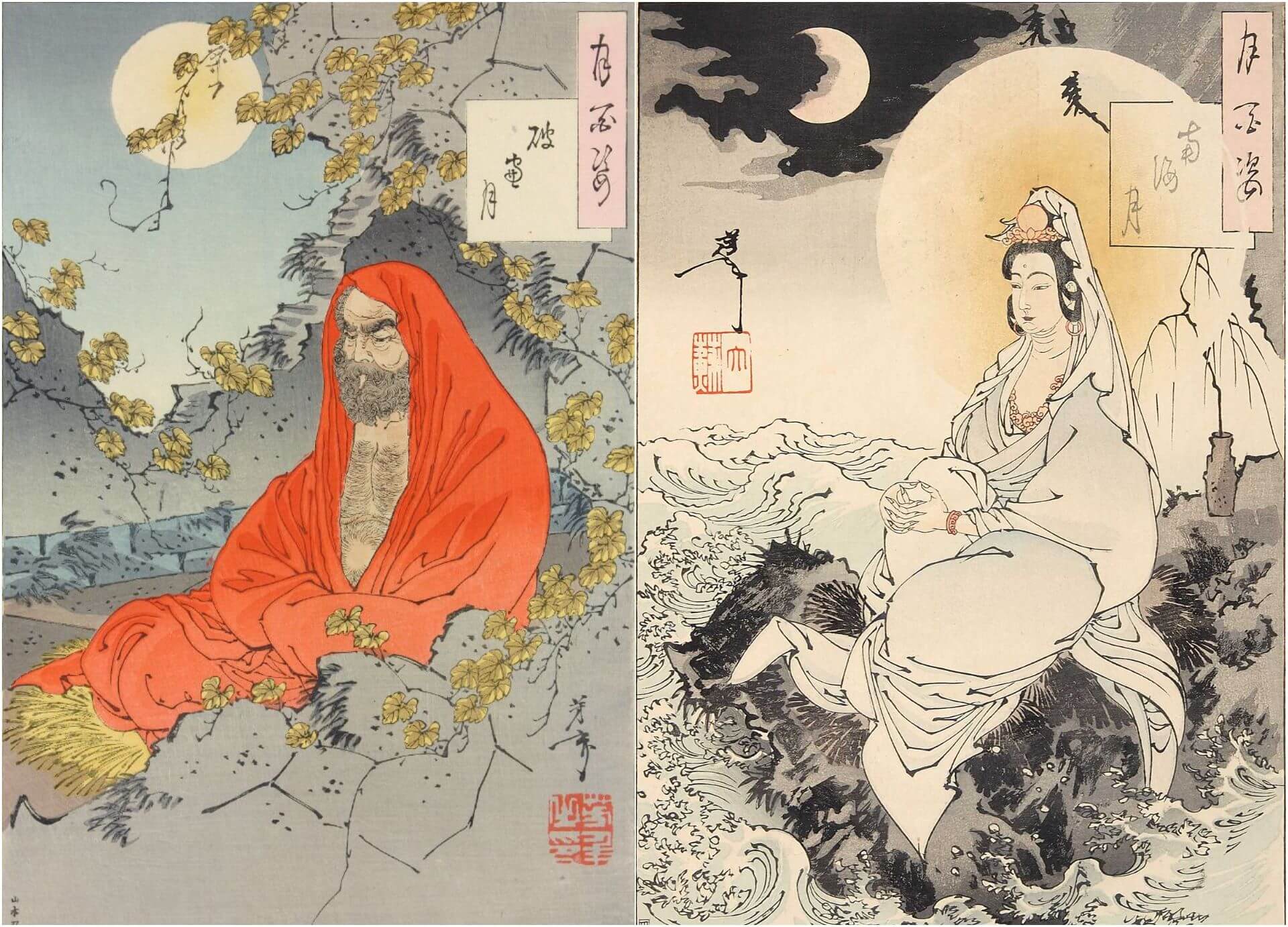 月岡芳年《月百姿》達摩〈破窗月〉、觀音〈南海月〉。（Public Domain）