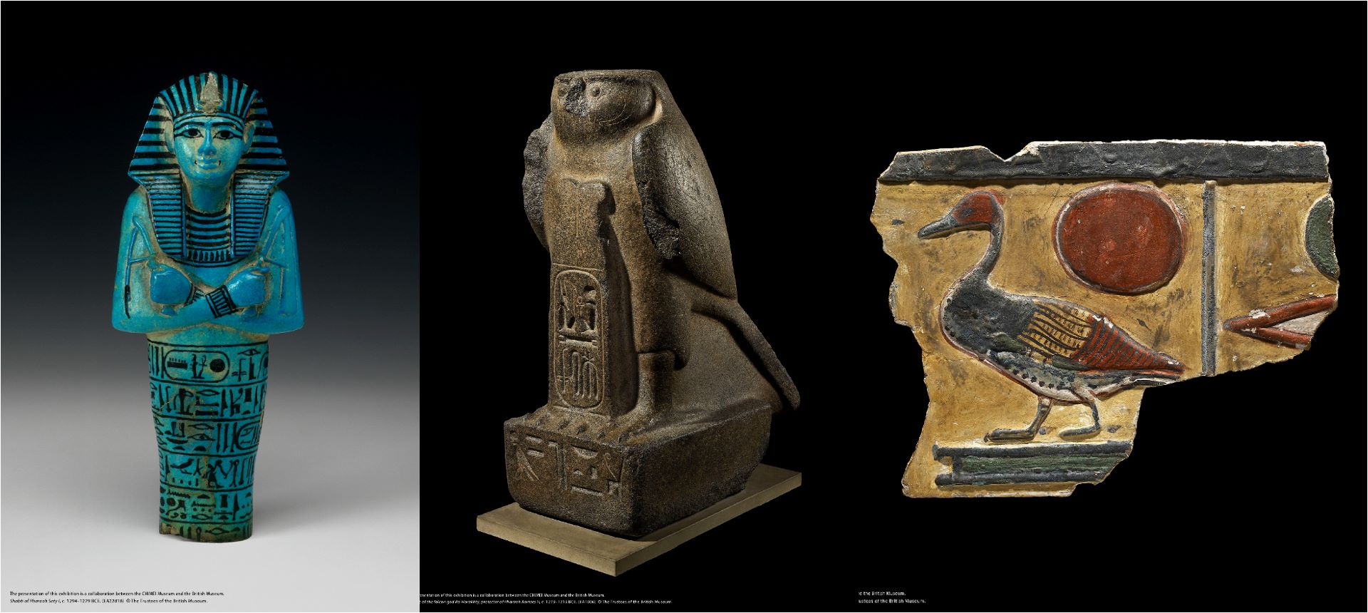 左：塞提一世的沙布提俑，約西元前1294–1279年。（EA22818）中：拉美西斯二世的守護神「拉-哈拉胡提」獵鷹雕像，約西元前1279–1213年。（EA1006）右：「拉神之子」銘文浮雕殘片，約西元前1294–1279年。（EA560…