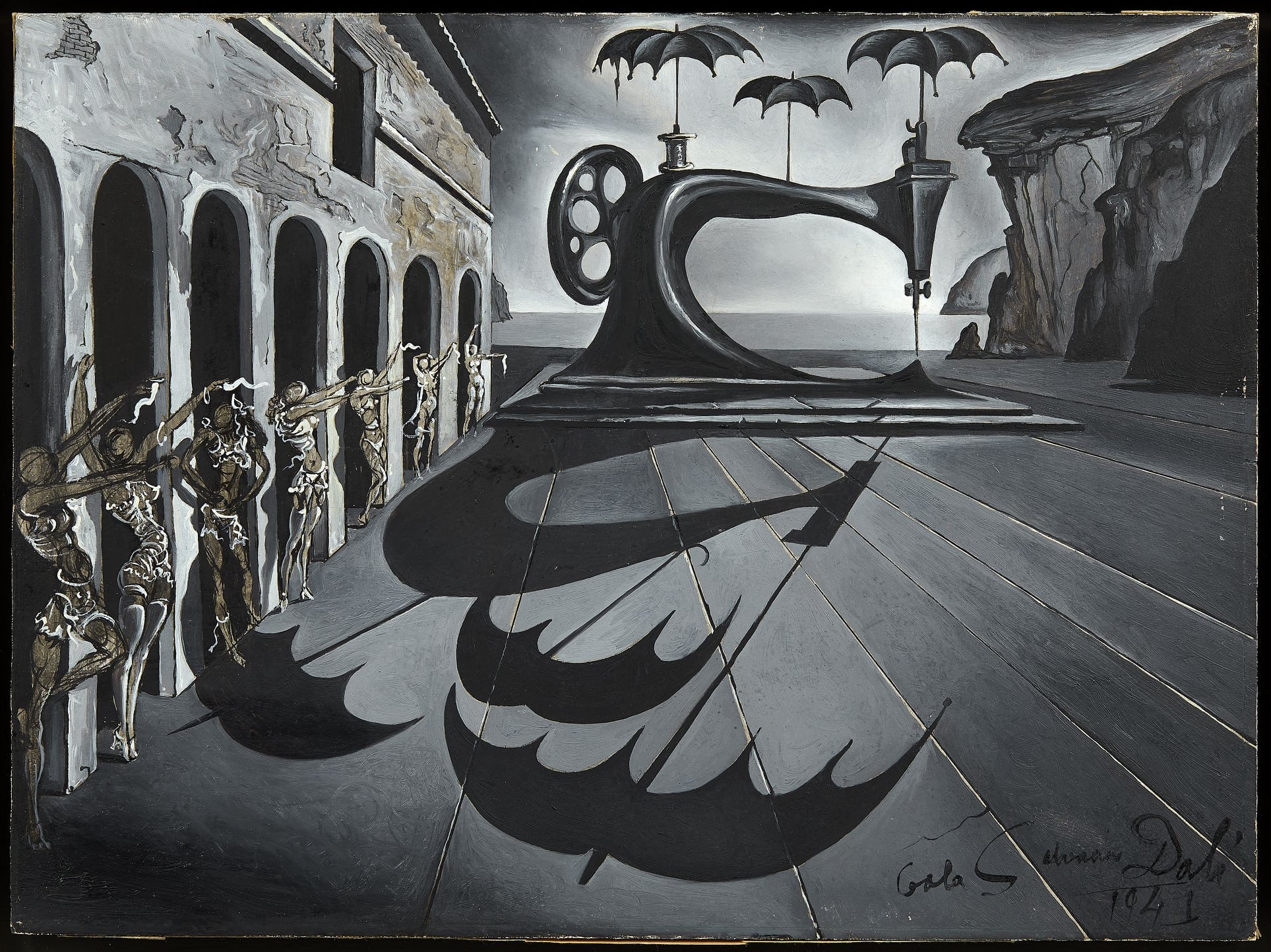 薩爾瓦多．達利，《帶著雨傘的縫紉機於超現實風景中》，1941。（圖／網路資料）
