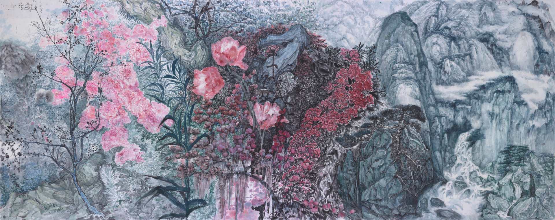 彭康隆，《千花叛亂》，紙本水墨，146 x 367 cm，2023。（墨齋提供）