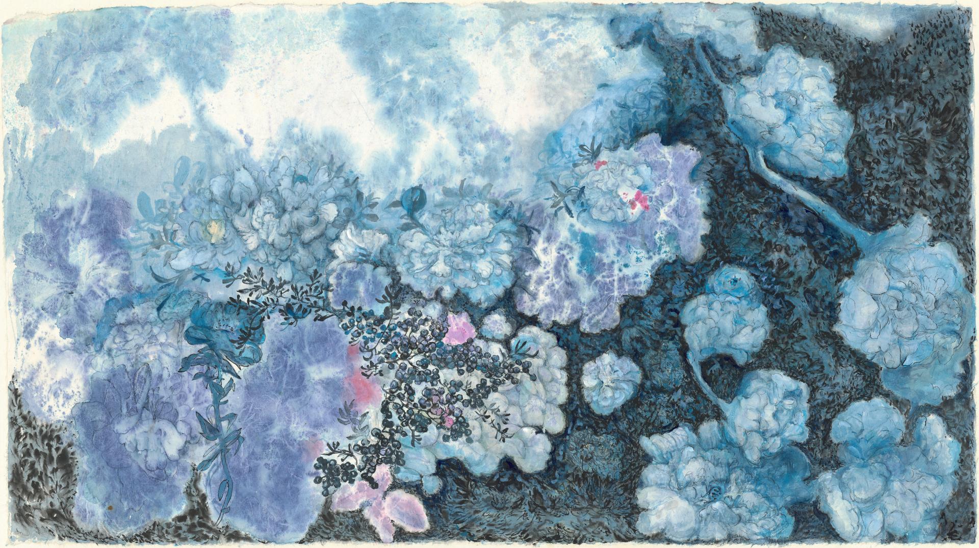 彭康隆，《倒懸的憂鬱》，紙本水墨，80 x 144 cm，2023。（墨齋提供）