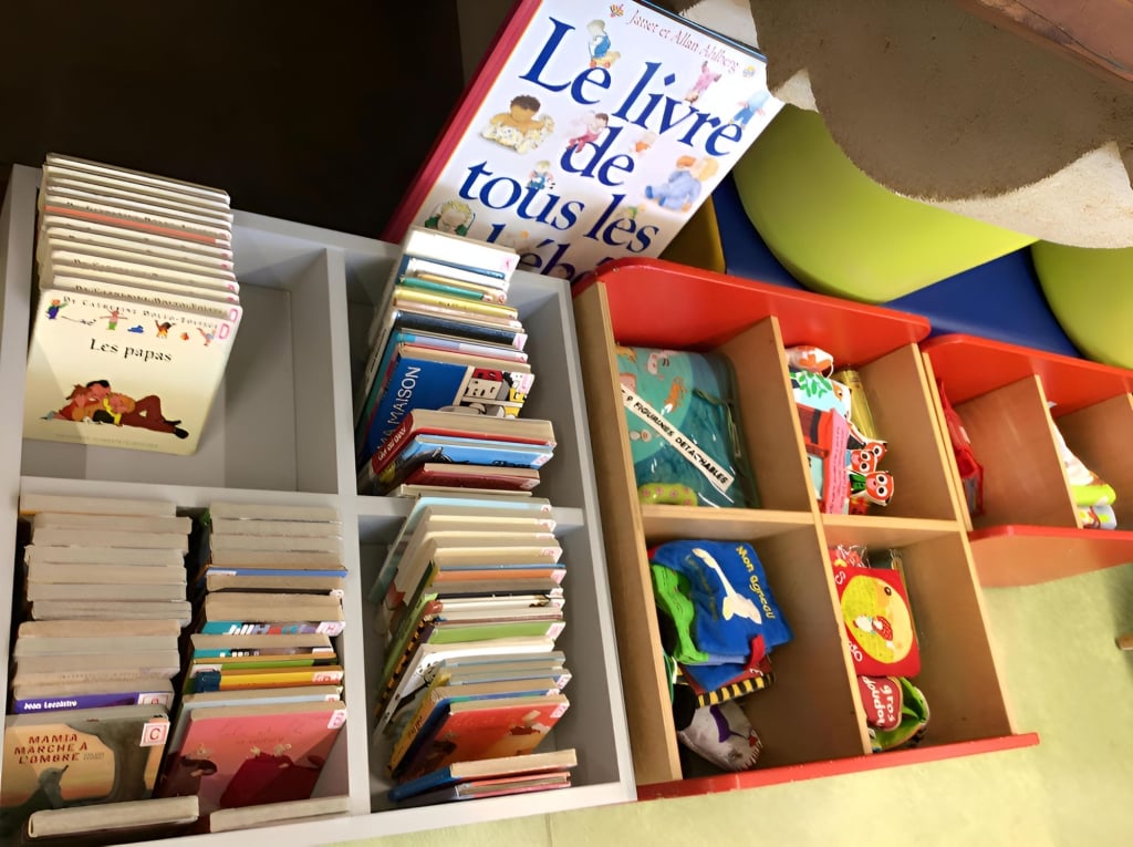 有大開本書、硬紙板書和布書的幼兒圖書箱。
