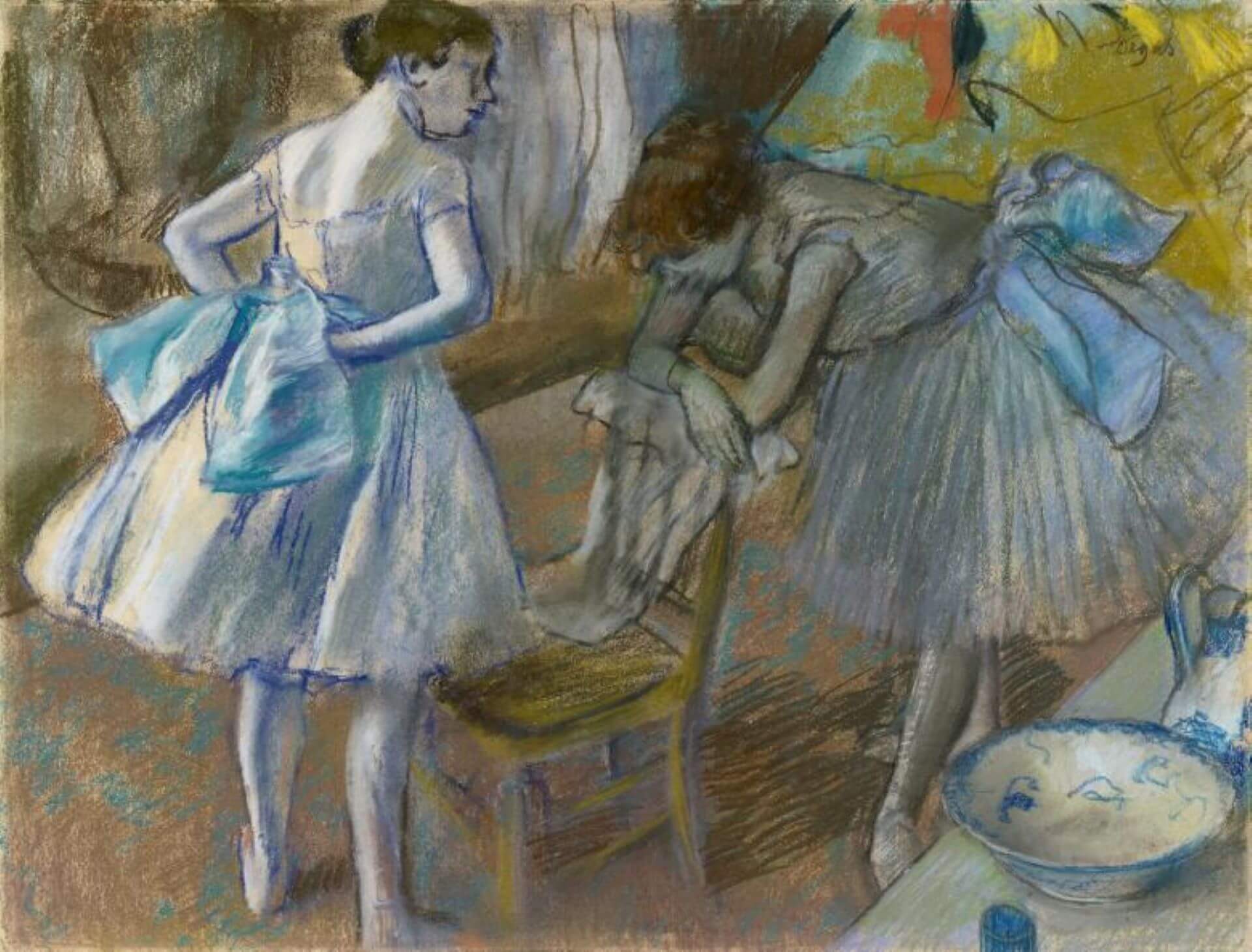 愛德加.竇加 (Edgar Degas),《更衣室中的兩名芭蕾舞者》(Two Ballet Dancers in a Dressing Room),約1880年,紙上粉彩,48.5 × 64公分,愛爾蘭國立美術館藏。(愛爾蘭國立美術館)