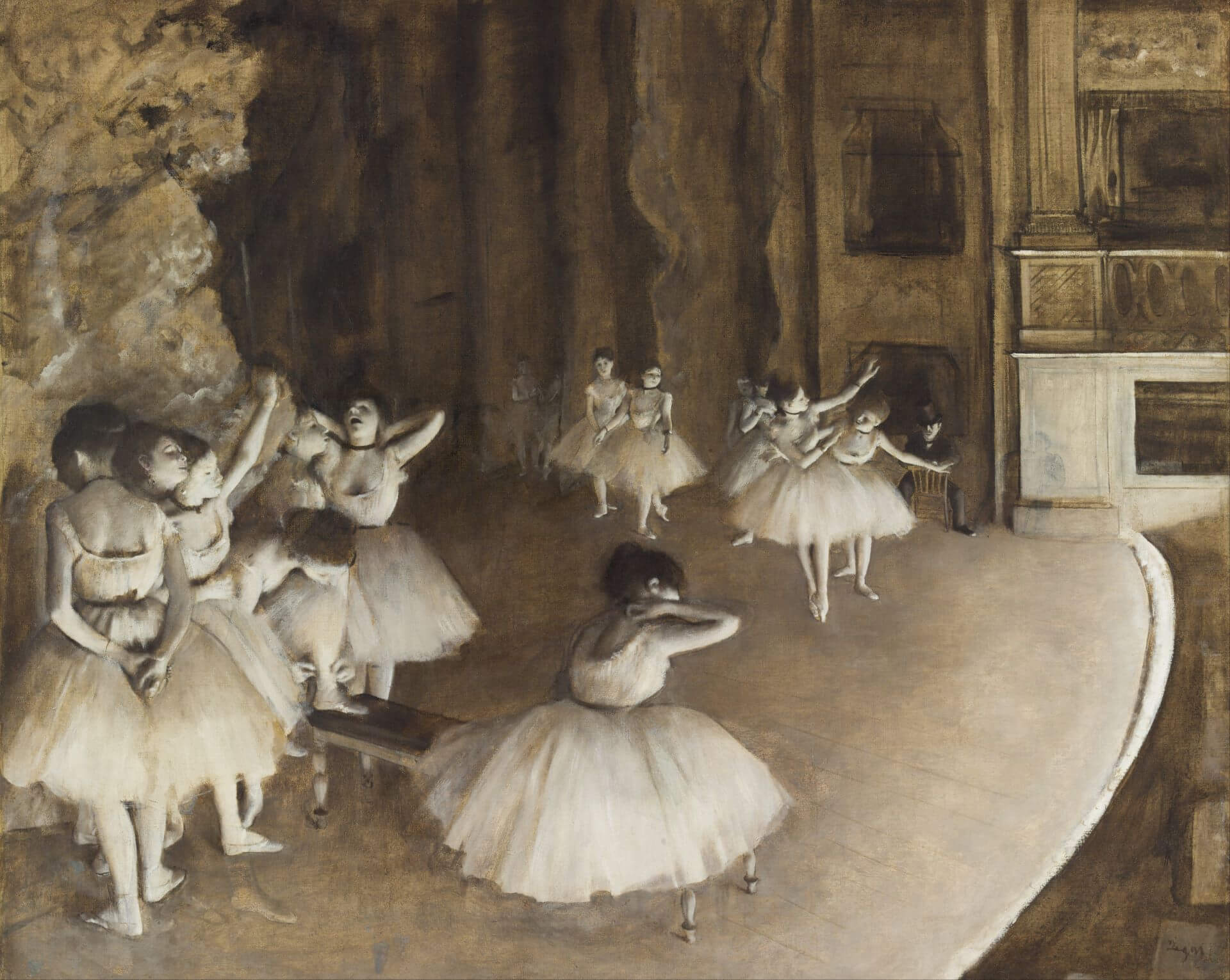 愛德加.竇加 (Edgar Degas),《舞台上的芭蕾舞排演》(The Ballet Rehearsal on Stage),1874年,油彩畫布,65 × 81公分,奧賽美術館藏。(Google Art)