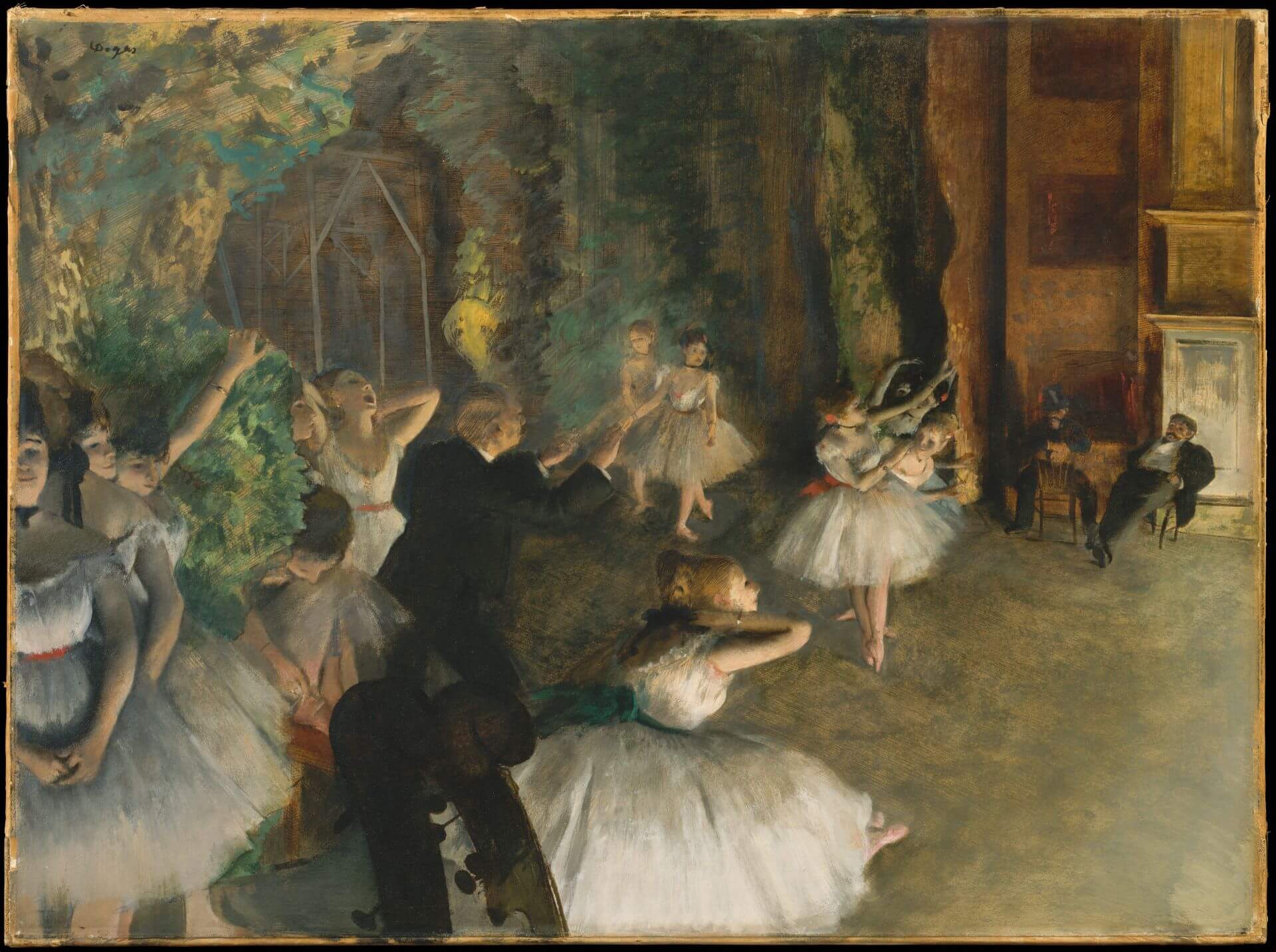 愛德加.竇加 (Edgar Degas),《舞台上的芭蕾舞排演》(The Ballet Rehearsal on Stage),1874年,油彩畫布,65 × 81公分,奧賽美術館藏。(Google Art)