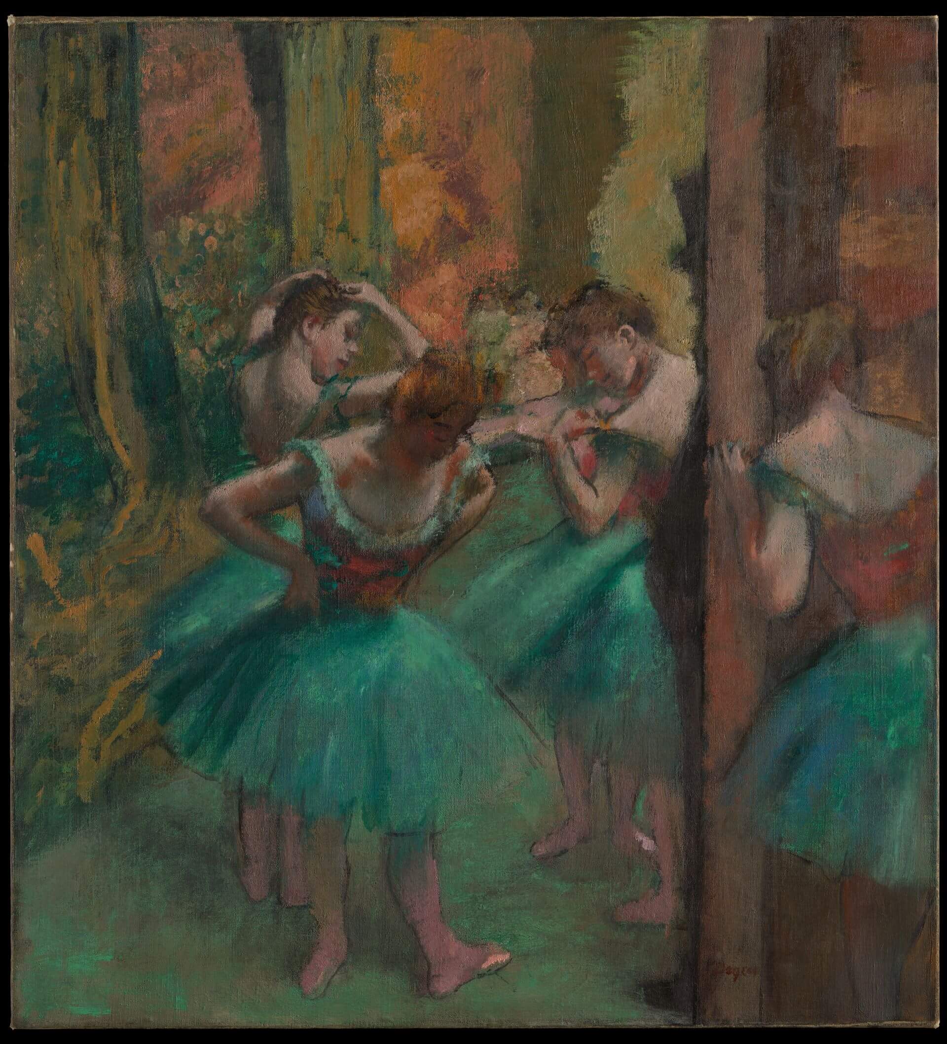 愛德加.竇加 (Edgar Degas),《粉紅和綠色之舞者》(Dancers, Pink and Green),約1890年,紙上粉彩,82.2 × 75.6公分,美國大都會藝術博物館藏。(美國大都會藝術博物館)