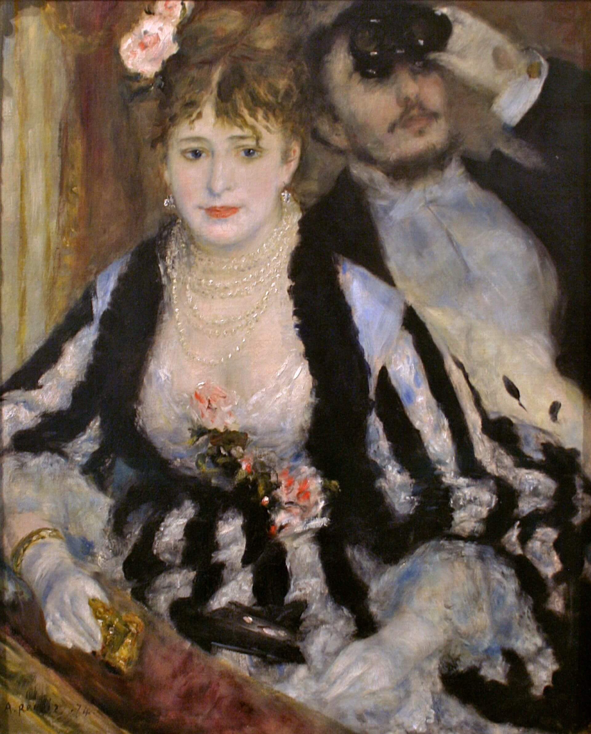 皮耶-奧古斯特.雷諾瓦 (Pierre-Auguste Renoir),《劇院包廂》(La Loge),1874年,油彩畫布,80 × 63.5公分,科陶德美術館藏。(維基百科)