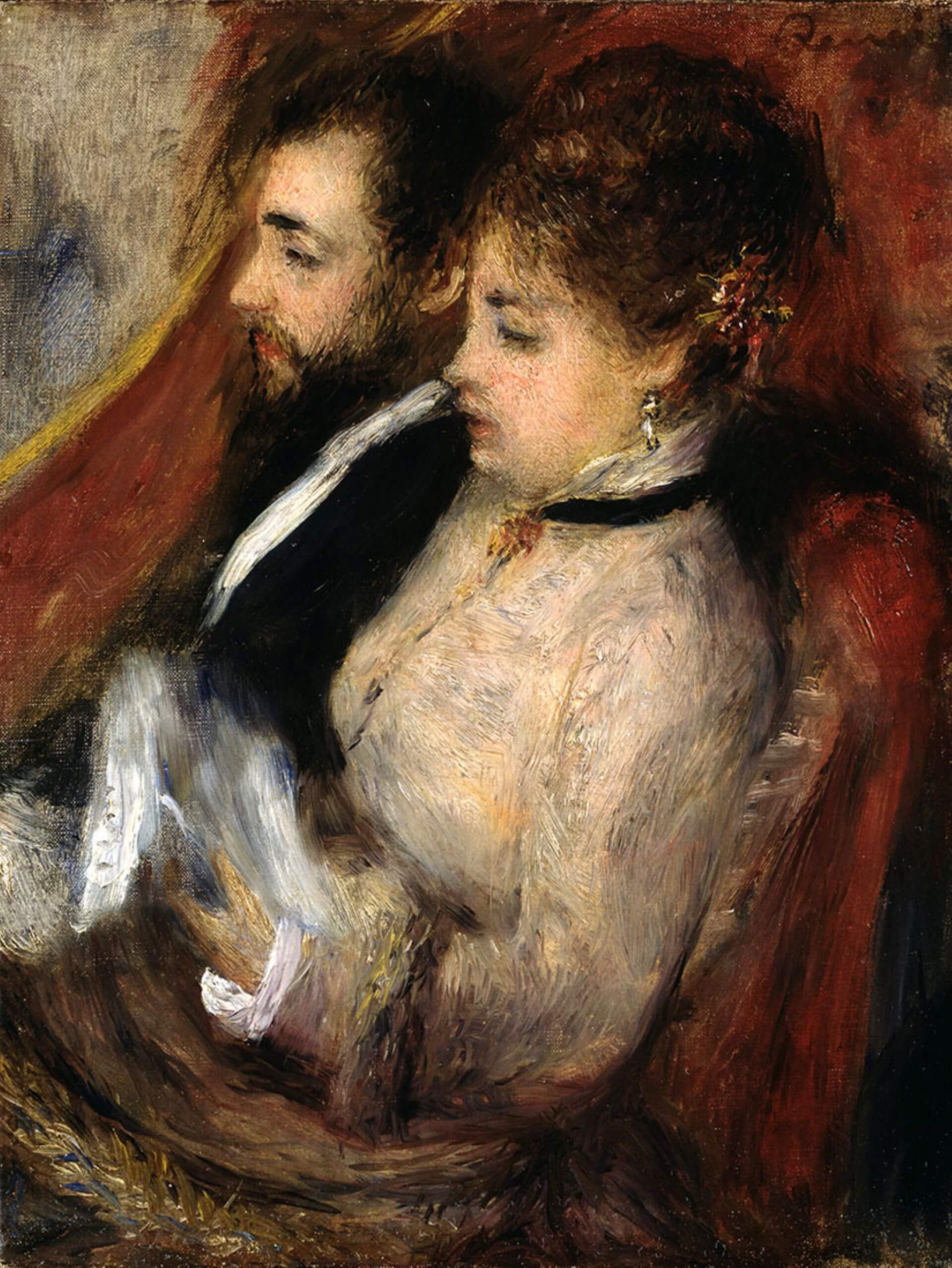 皮耶-奧古斯特.雷諾瓦 (Pierre-Auguste Renoir),《小劇院包廂》(La petite loge),c.1873年,油彩畫布,27 × 21公分,朗瑪特博物館藏。(維基百科)
