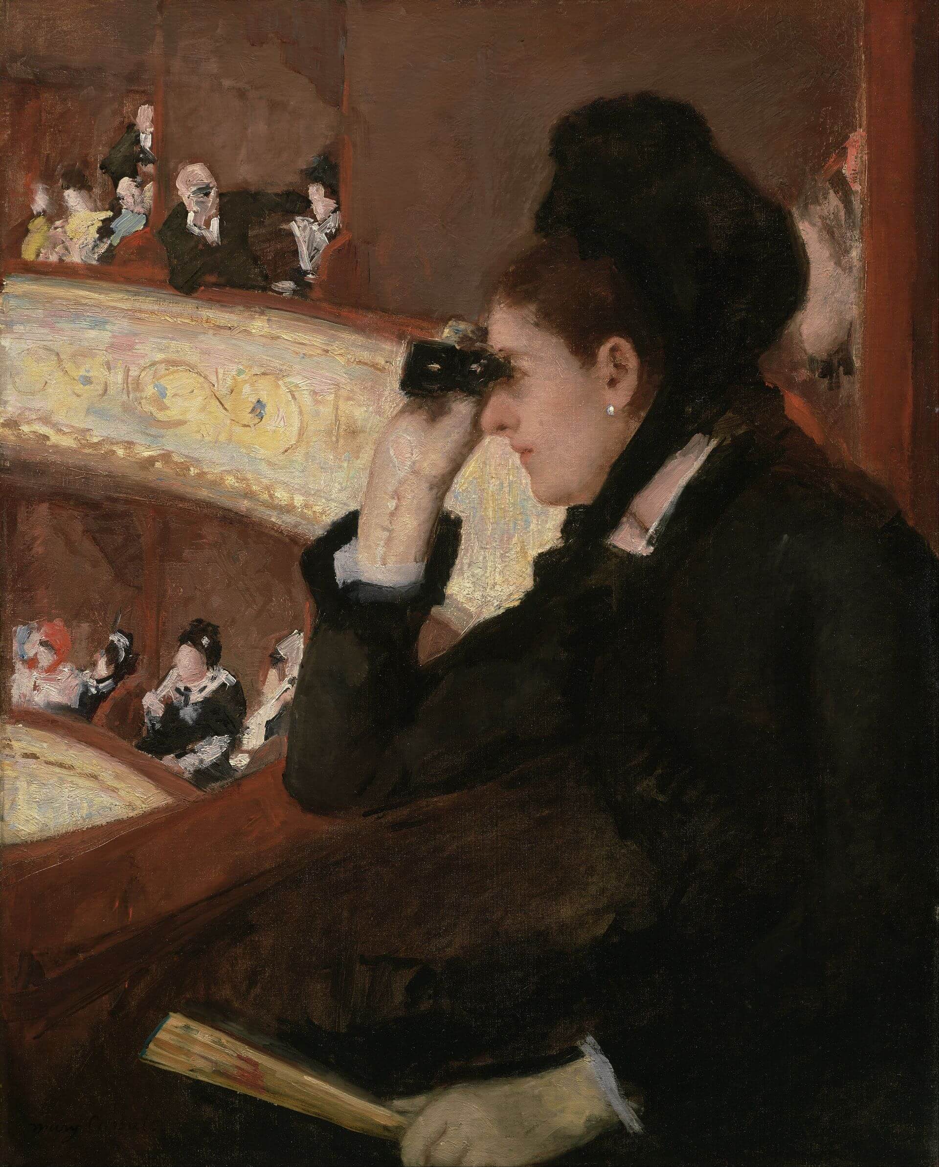瑪麗.卡薩特 (Mary Cassatt),《包廂中的女子》(In the Loge),1878年,油彩畫布,81 × 66公分,波士頓美術館藏。(維基百科)