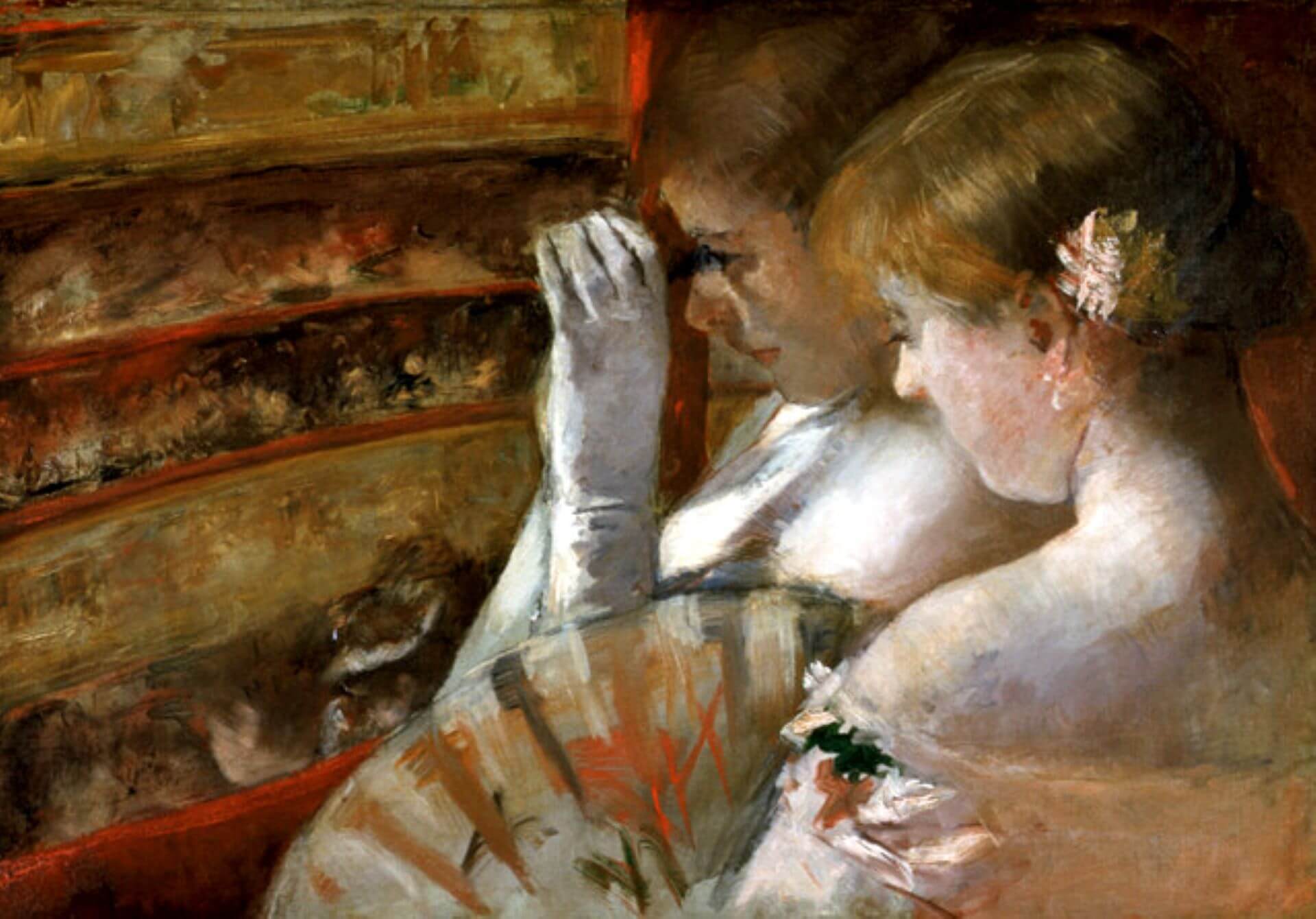 瑪麗.卡薩特 (Mary Cassatt),《包廂中》(In the Box),1878年,油彩畫布,43.8 × 62.2公分,私人收藏。(維基百科)