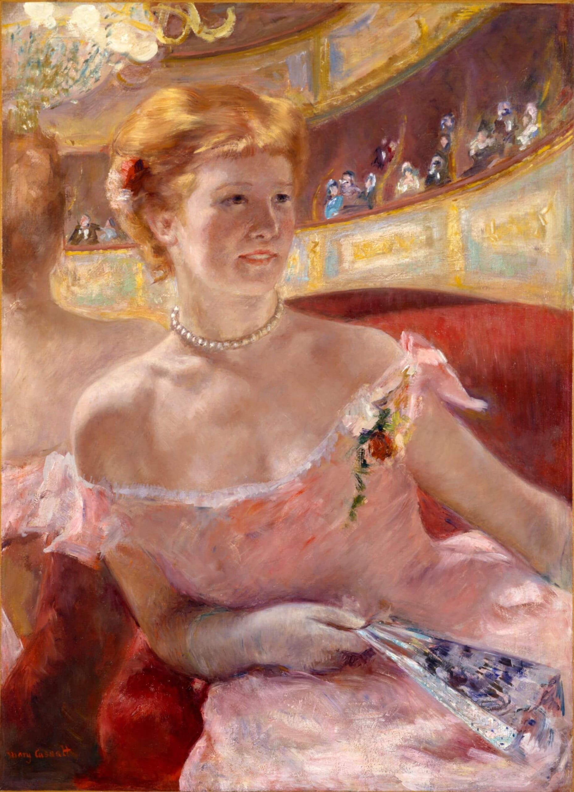 瑪麗.卡薩特 (Mary Cassatt),《包廂裡戴珍珠項鍊的女人》(Woman with a Pearl Necklace in a Loge),1879年,油彩畫布,81 × 60公分,費城藝術博物館藏。(維基百科)
