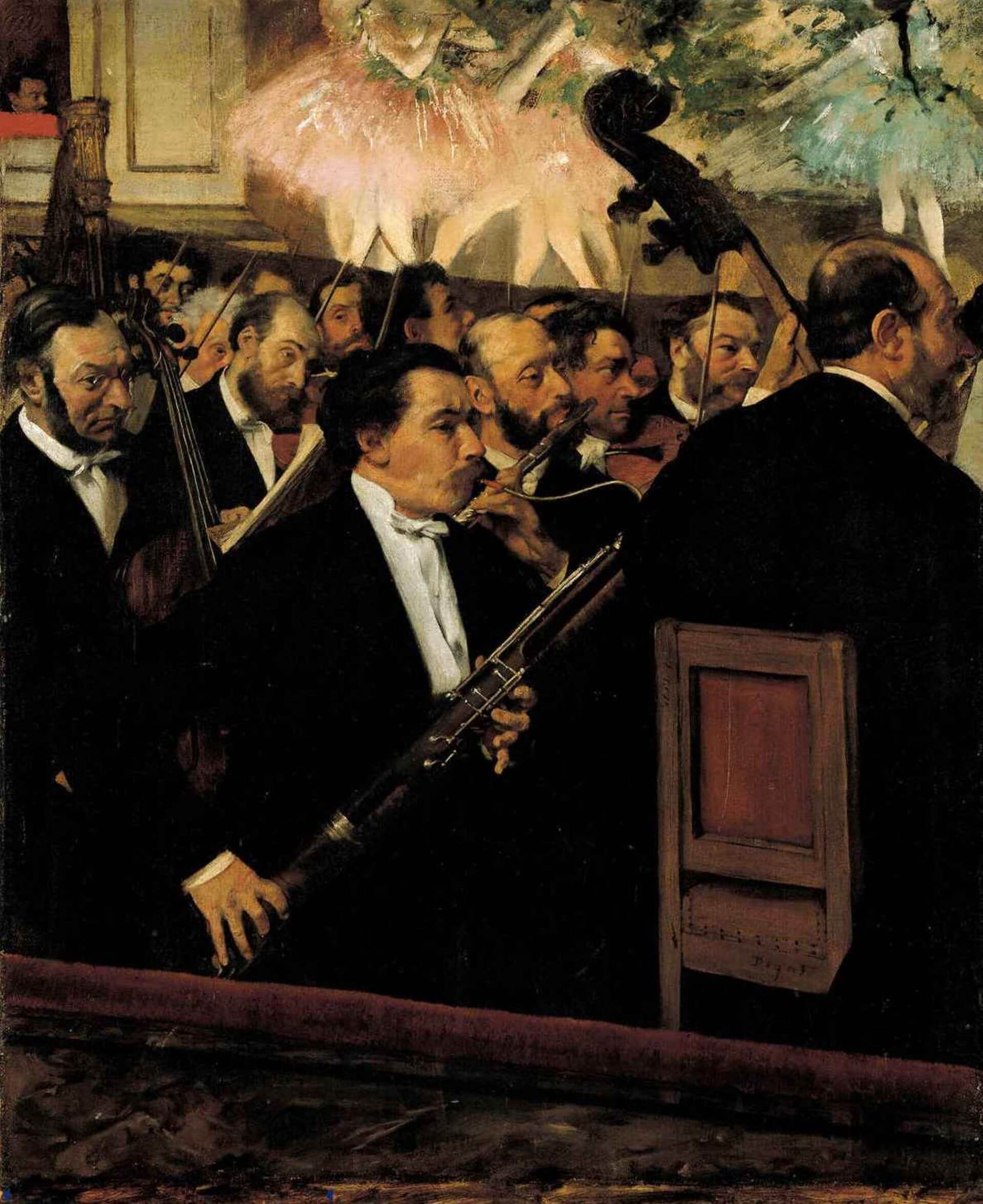 愛德加.竇加 (Edgar Degas),《歌劇院的管弦樂團》(The Orchestra at the Opera),約1870年,油彩畫布,56.5 × 46公分,奧賽美術館藏。(維基百科)