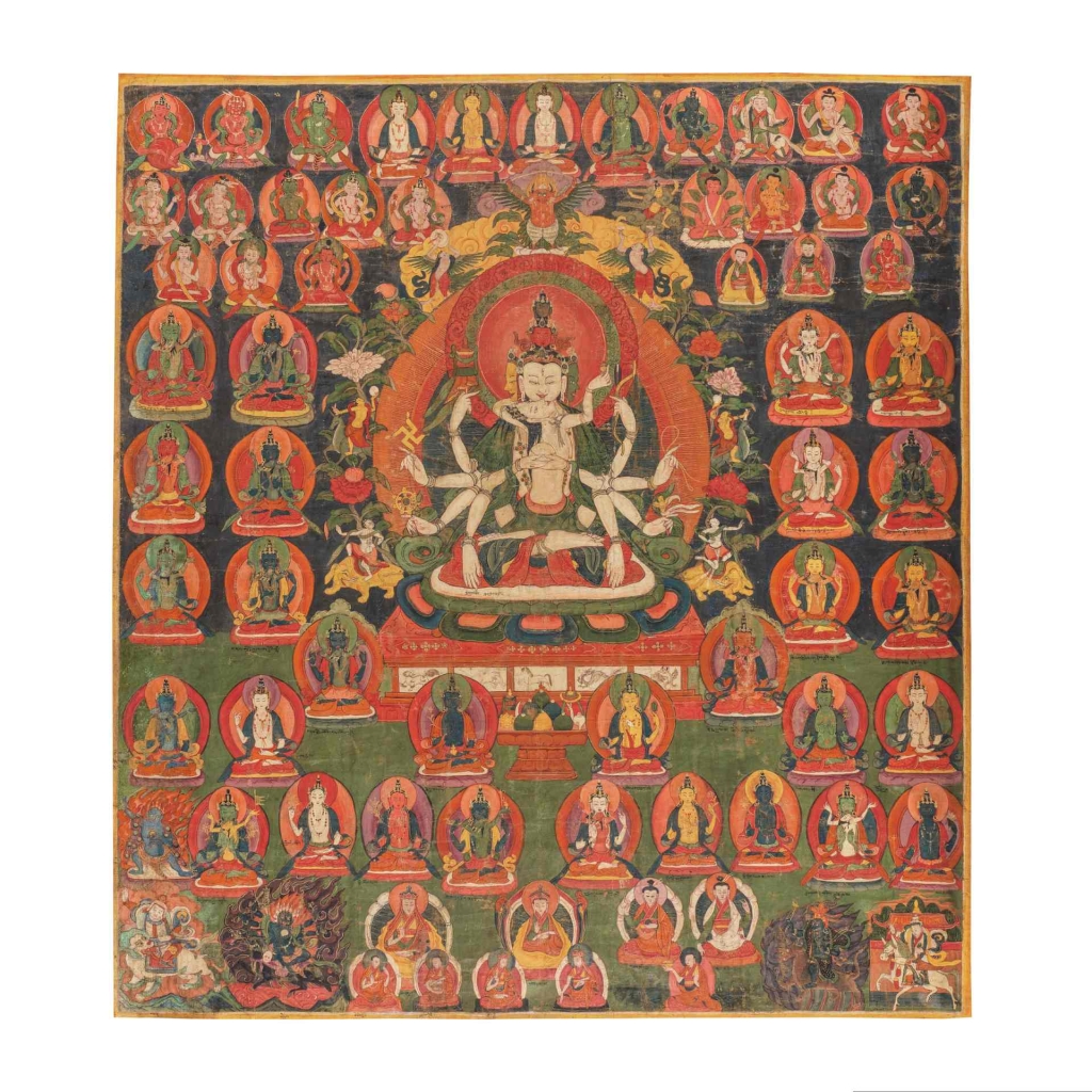 西藏 18世紀《貢桑嘉瓦堆巴唐卡》，布本設色，畫心96×87公分，喜馬拉雅藝術資源網18352號，估價3萬至5萬歐元。