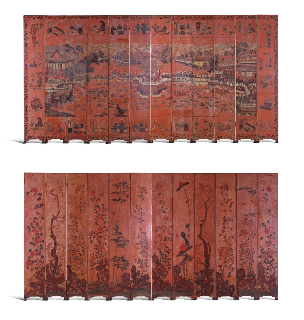 清18世紀《彩漆嬰戲圖十二扇屏風》，圖為兩面，每扇31×190公分，估價4萬至6萬歐元。