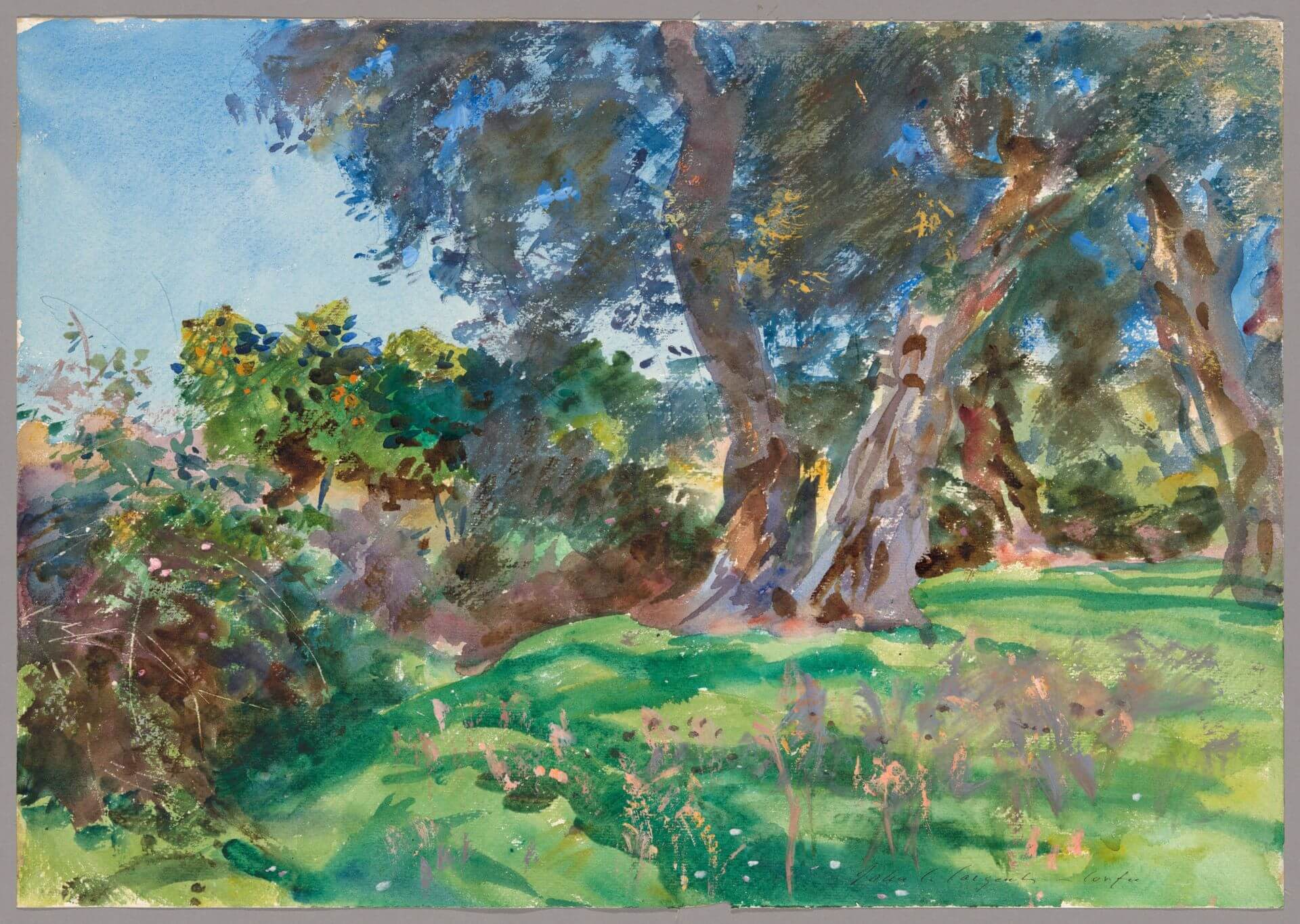 圖19 約翰．辛格．薩金特，《科孚島的橄欖樹》（Olive Trees, Corfu），約1909，水彩象牙紙，35.6×50.8公分，芝加哥藝術博物館（Art Institute of Chicago）藏。（引自芝加哥藝術博物館典藏資料庫…