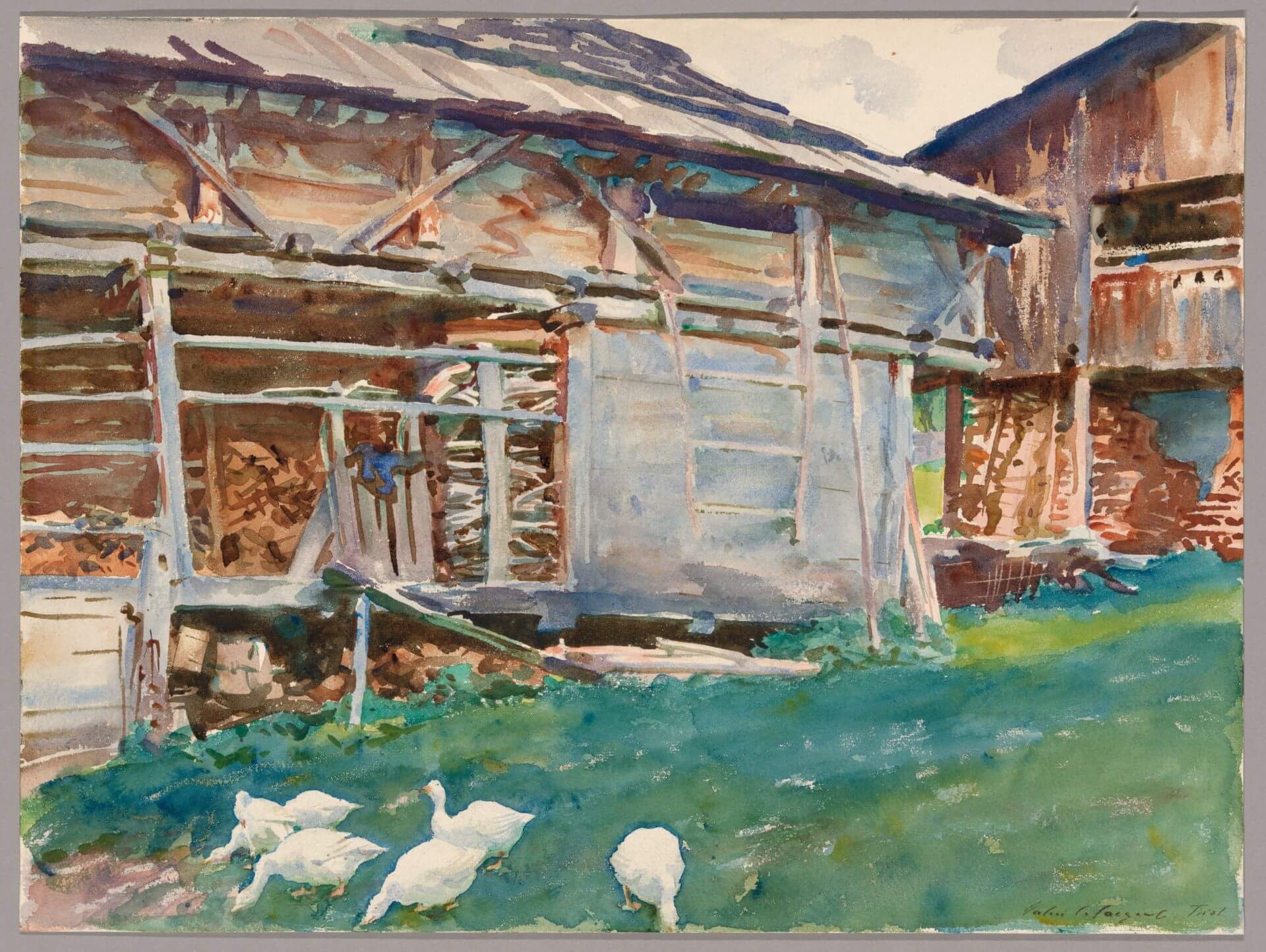 圖22 約翰．辛格．薩金特，《蒂羅爾的柴棚》（Woodsheds—Tyrol），約1914，水彩象牙紙，40×53.6公分，芝加哥藝術博物館（Art Institute of Chicago）藏。引自（引自芝加哥藝術博物館典藏資料庫）