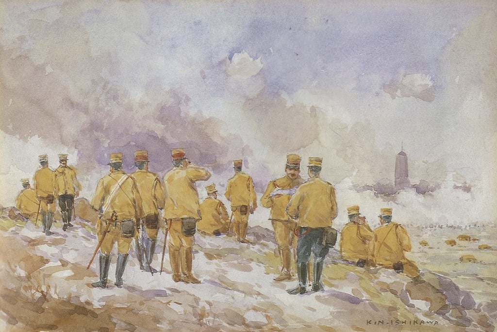 圖11 石川欽一郎1904年作〈日俄戰爭從軍速寫 首山堡〉，日本吳市立美術館藏。