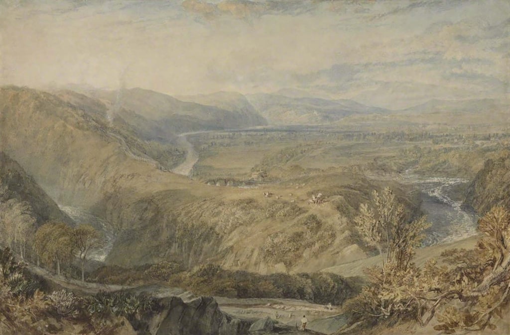 圖13 威廉·透納（Joseph Mallord William Turner）約1816-1818年作〈盧恩河灣：遠望霍恩比城堡〉（Crook of Lune, looking towards Hornby Castle ），倫敦考陶德美…